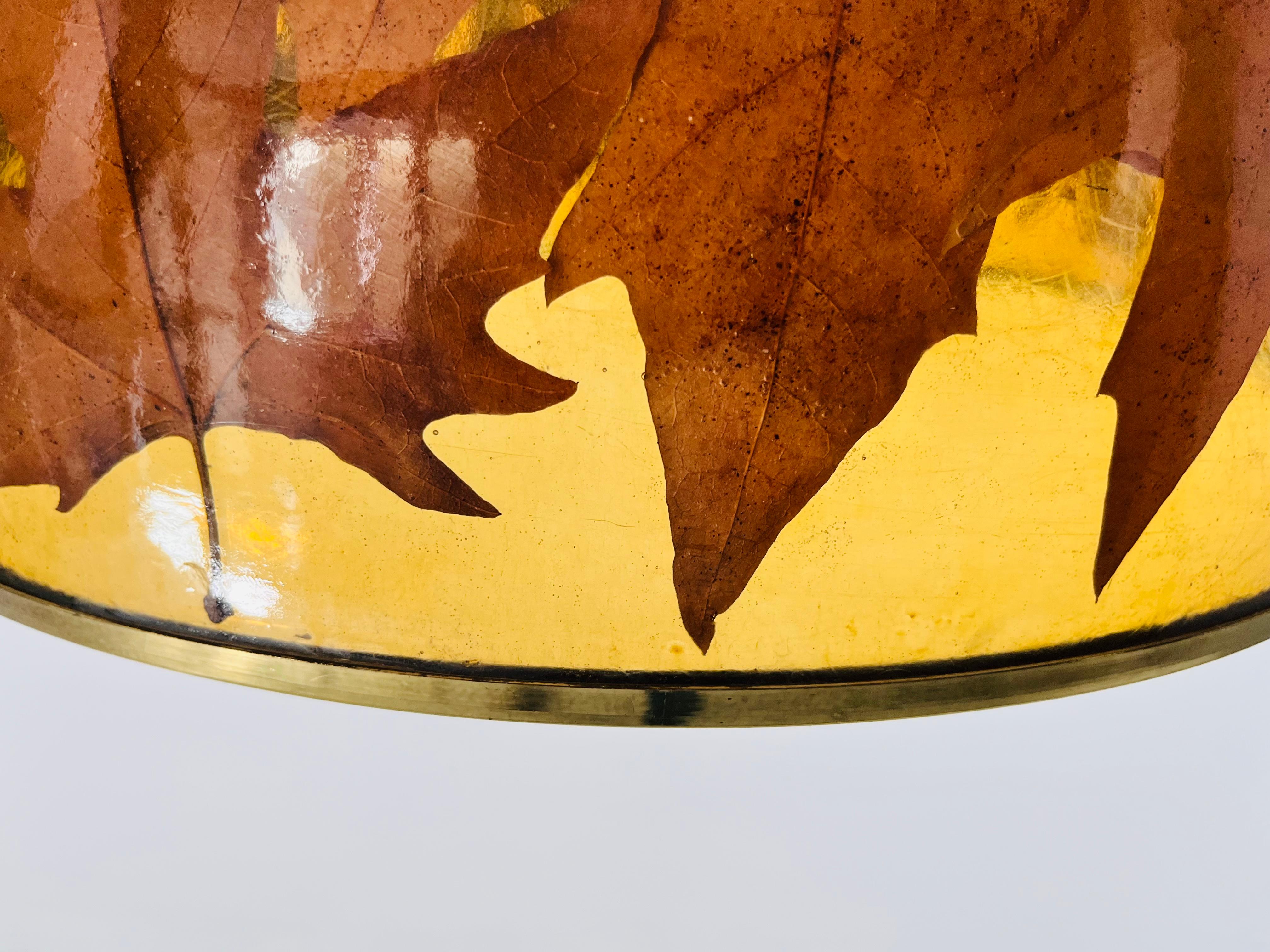 Fine XX secolo Lampada a sospensione in vetro acrilico con foglie e base in ottone, Germania, anni '70 in vendita