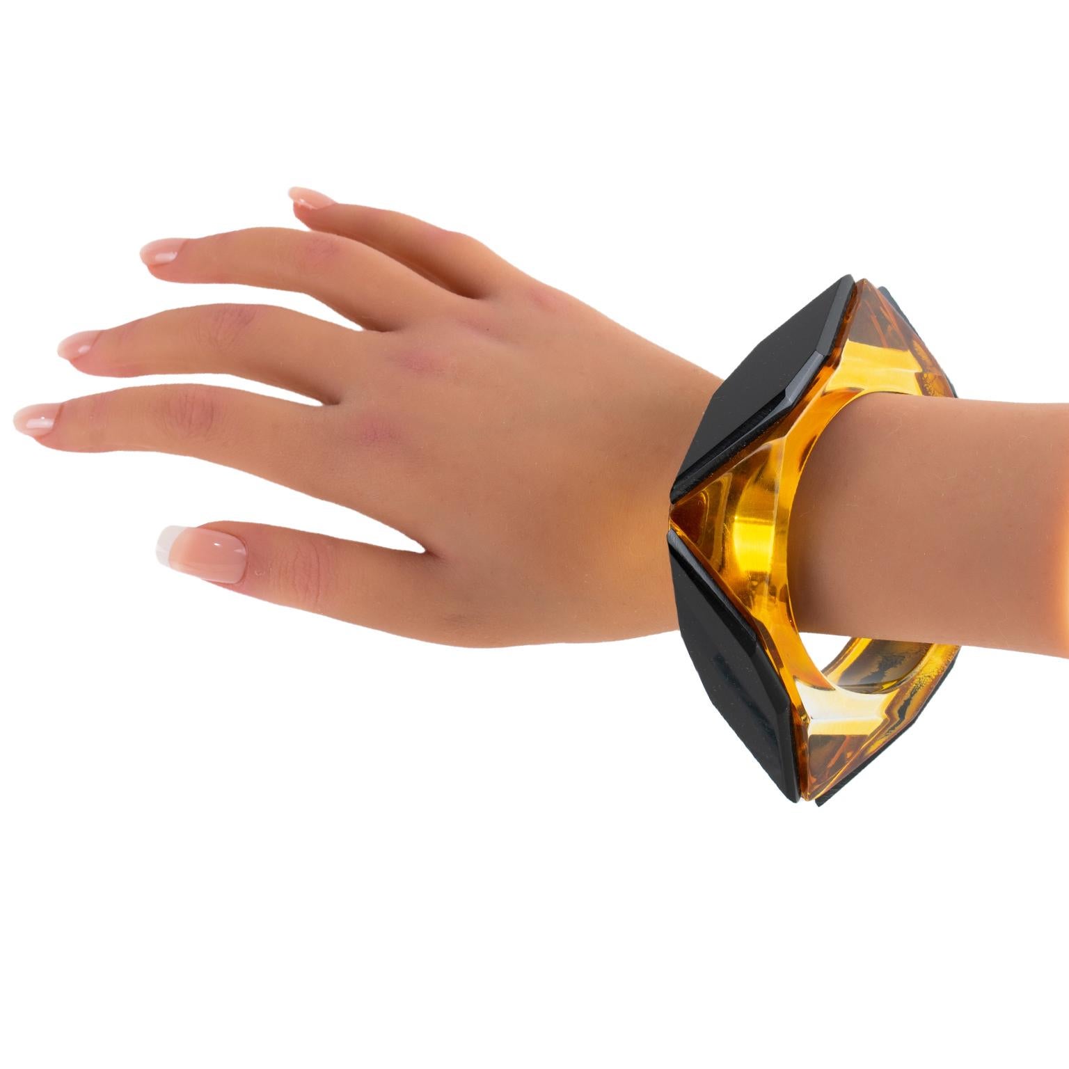 Acrylic Lucite Bracelet Bangle Geometric Pattern in Black and Apple Juice For Sale 5