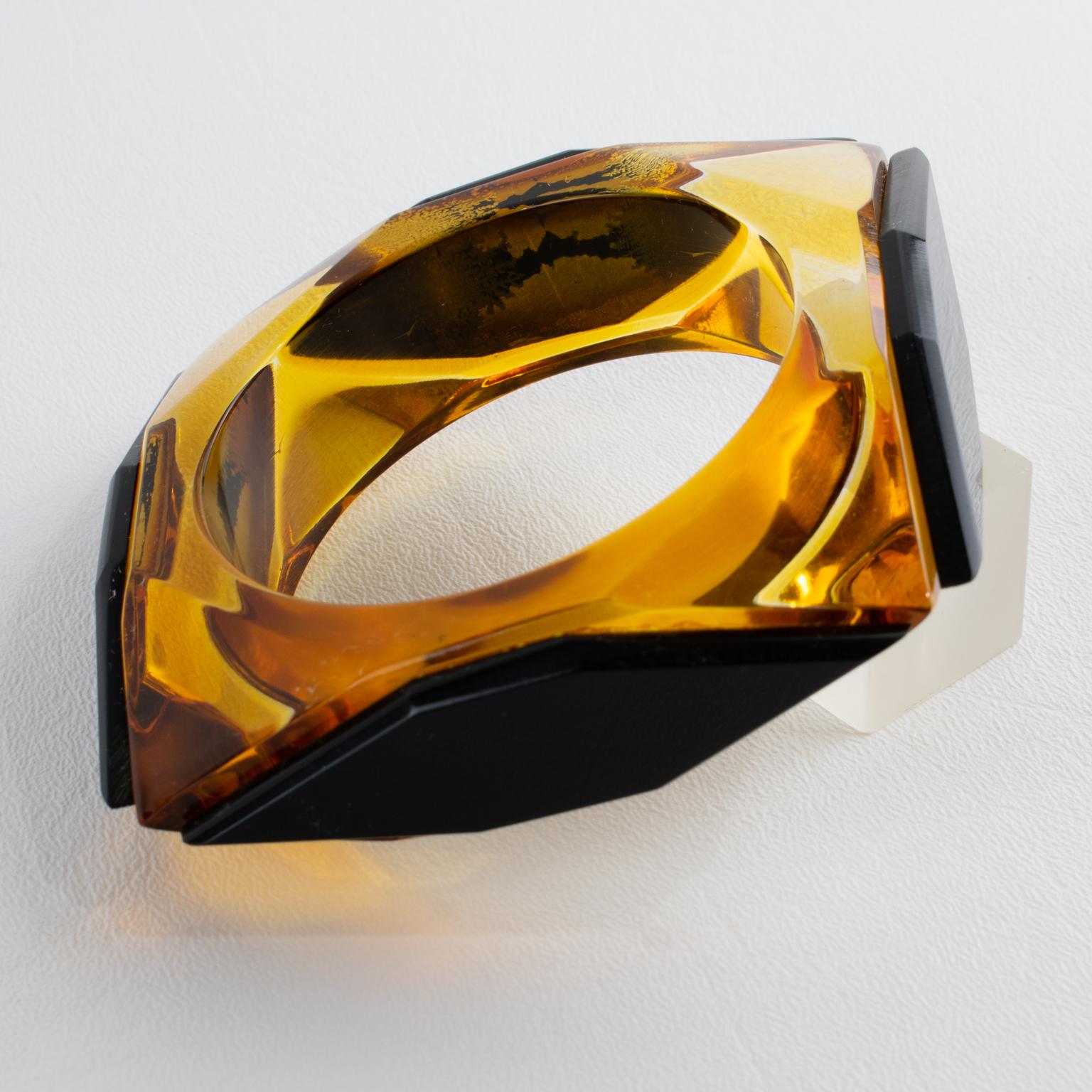 Modernist Acrylic Lucite Bracelet Bangle Geometric Pattern in Black and Apple Juice For Sale