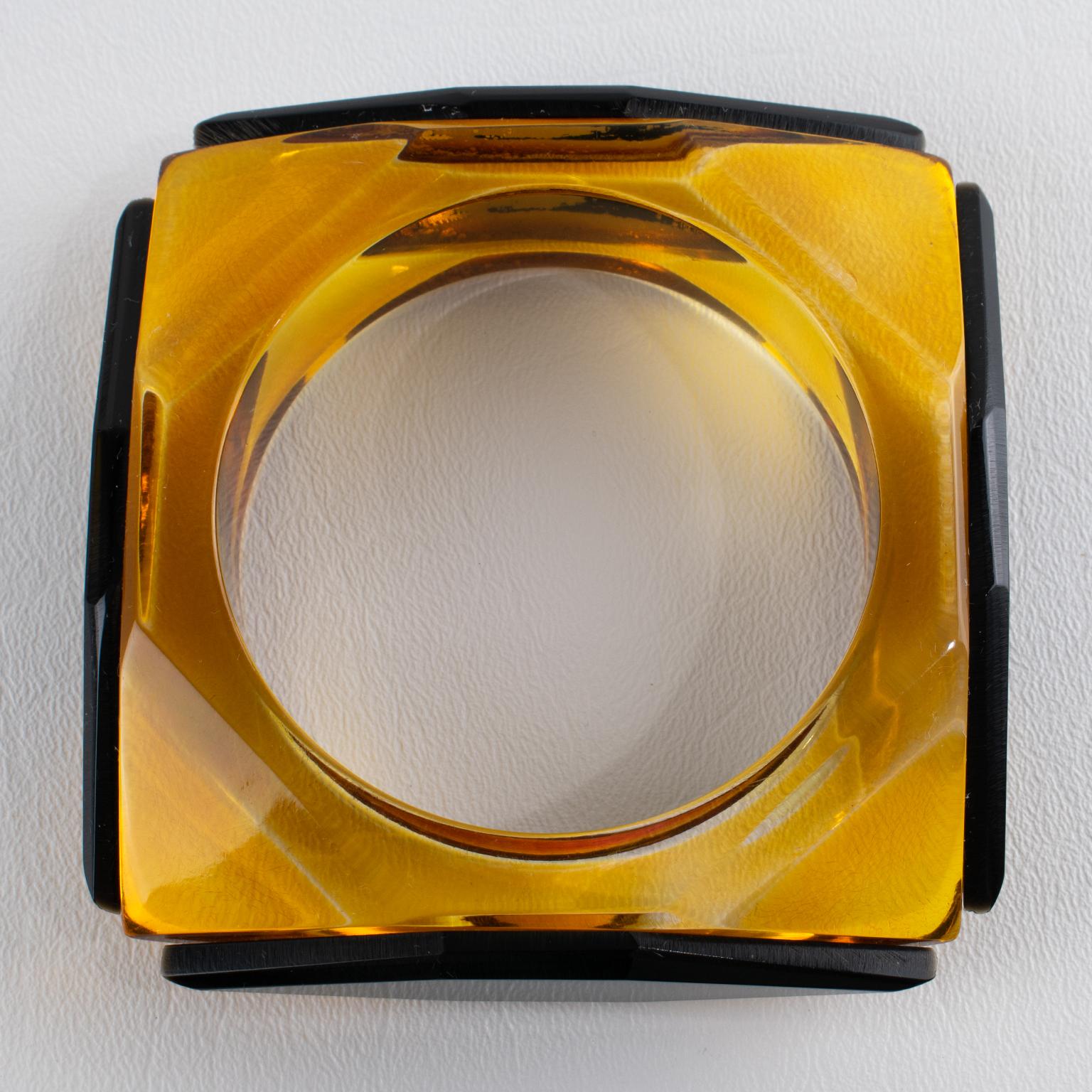 Acrylic Lucite Bracelet Bangle Geometric Pattern in Black and Apple Juice For Sale 2