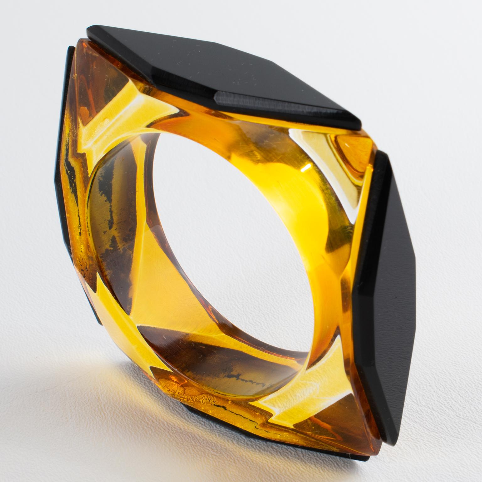 Acrylic Lucite Bracelet Bangle Geometric Pattern in Black and Apple Juice For Sale 3