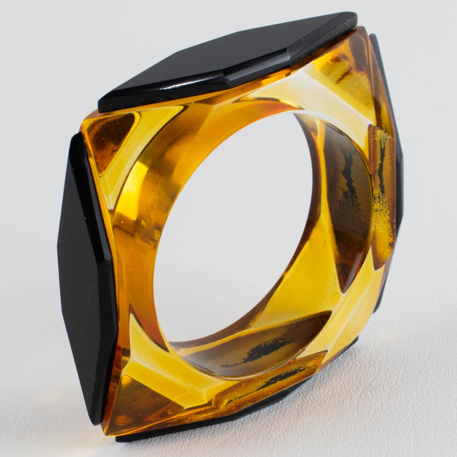 Acrylic Lucite Bracelet Bangle Geometric Pattern in Black and Apple Juice For Sale 4