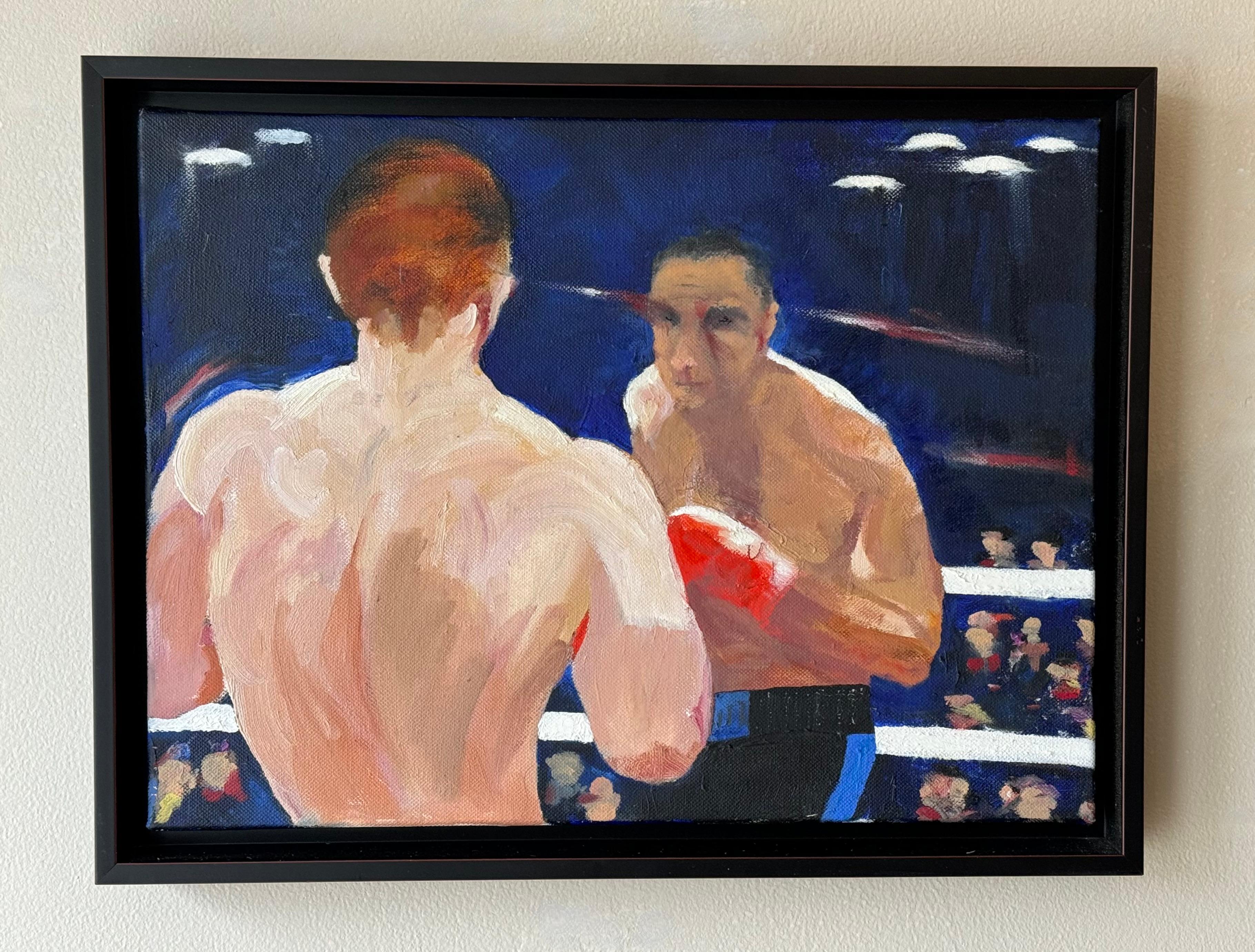 Peinture acrylique sur toile représentant deux boxeurs sur le ring avec les spectateurs en arrière-plan. Réalisé dans un style abstrait légèrement figuratif avec l'aspect et l'ambiance des années 1950. La toile elle-même flotte dans le cadre qui est