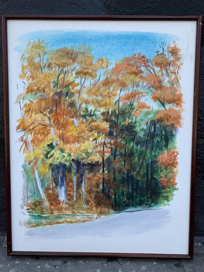 Beautiful acrylic on canvas of a tree landscape by titled M119 Harbor Springs dated 1992 by Julian Lefkowitz.
The piece has beautiful orange and green tree foliage and a blue sky.

The piece is quite beautiful.
The piece is hand signed on the