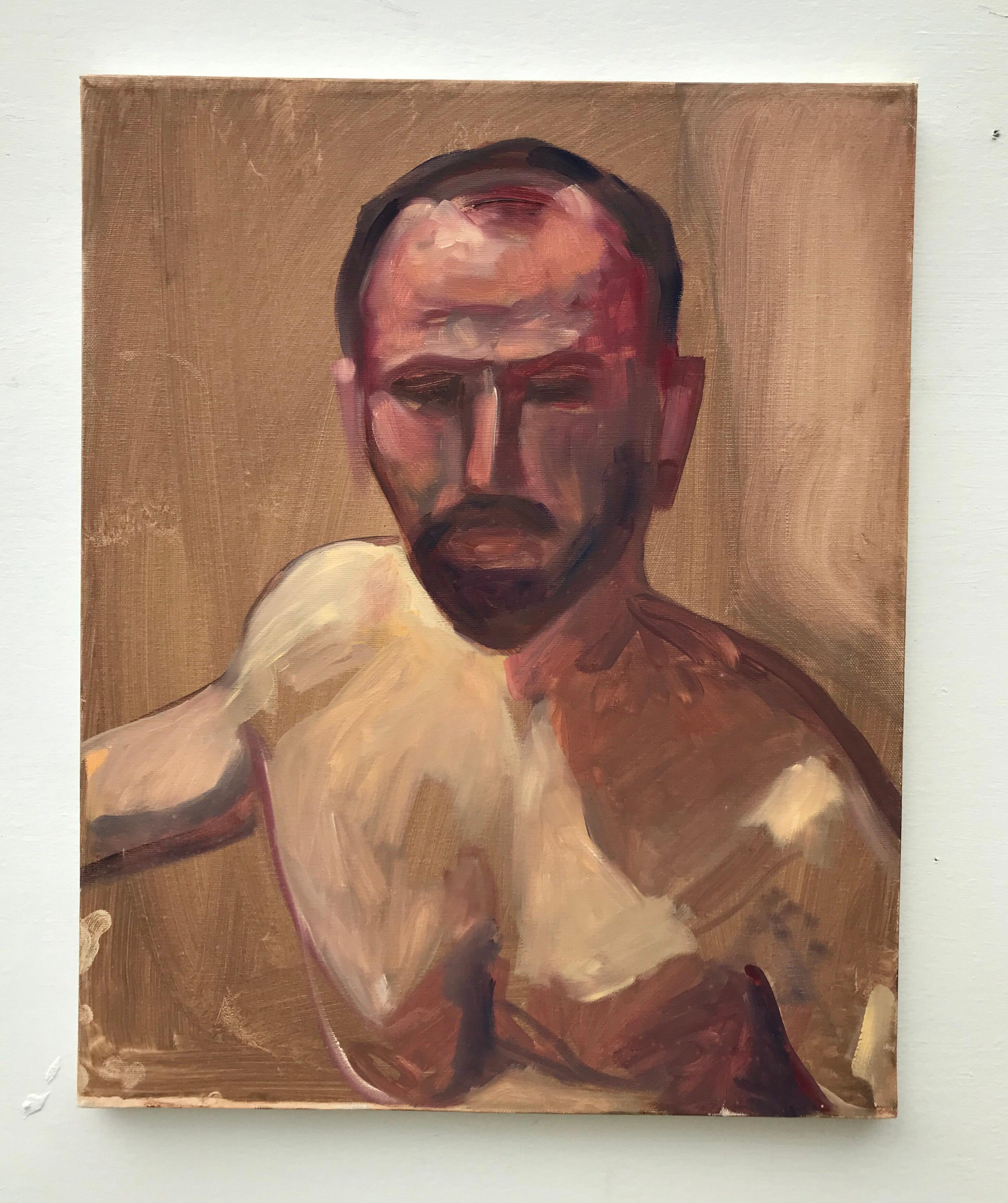 A figural portrait painting of a bearded male. The work is unsigned and part of a 22 painting collection by the unknown student artist. We love the fresh and exuberant light heartedness of the acrylic on canvas.