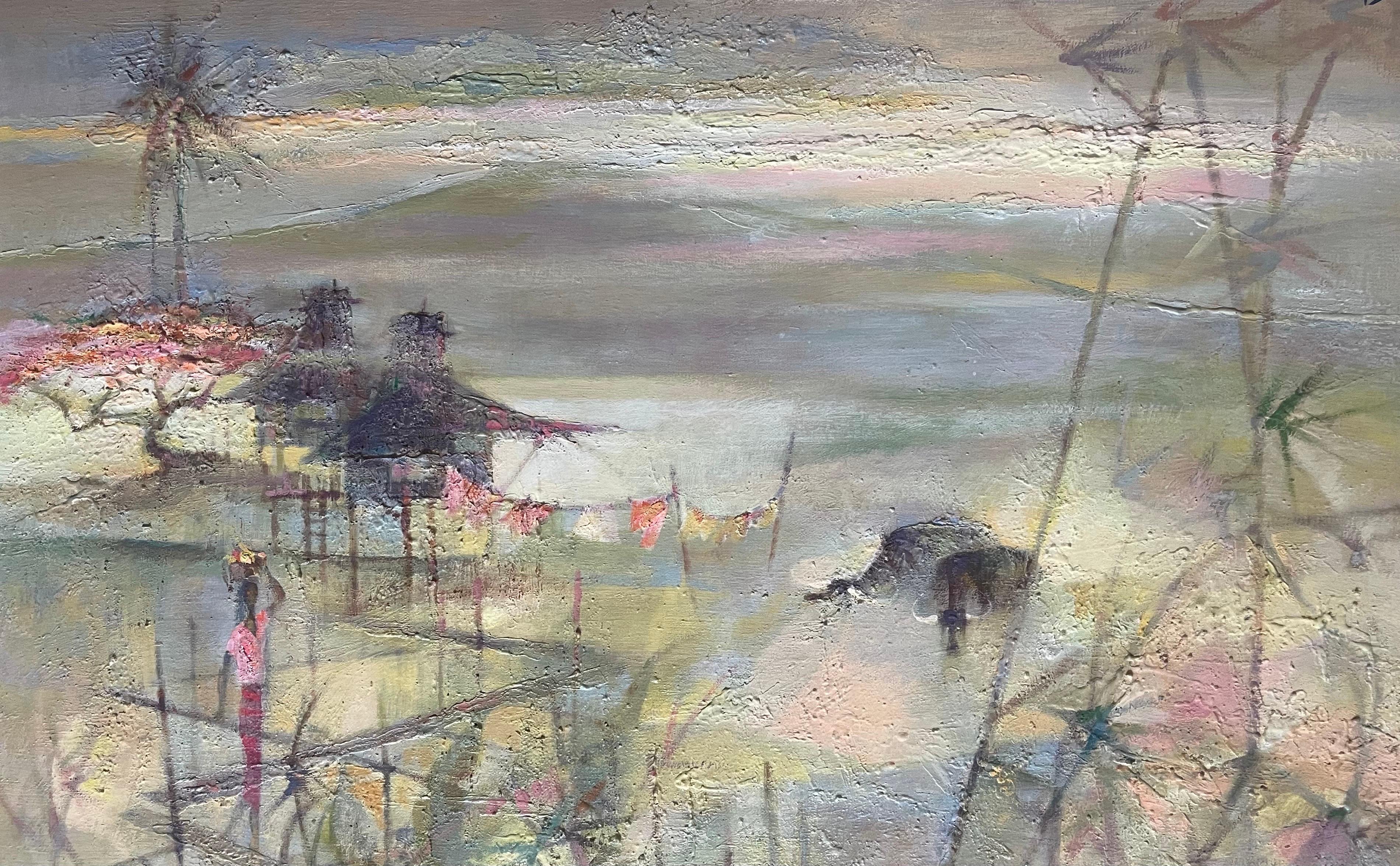 Acryl auf Leinwand Originalgemälde „Gebäudebrücke“ von Romeo Villalva Tabuena (amerikanisch) im Angebot