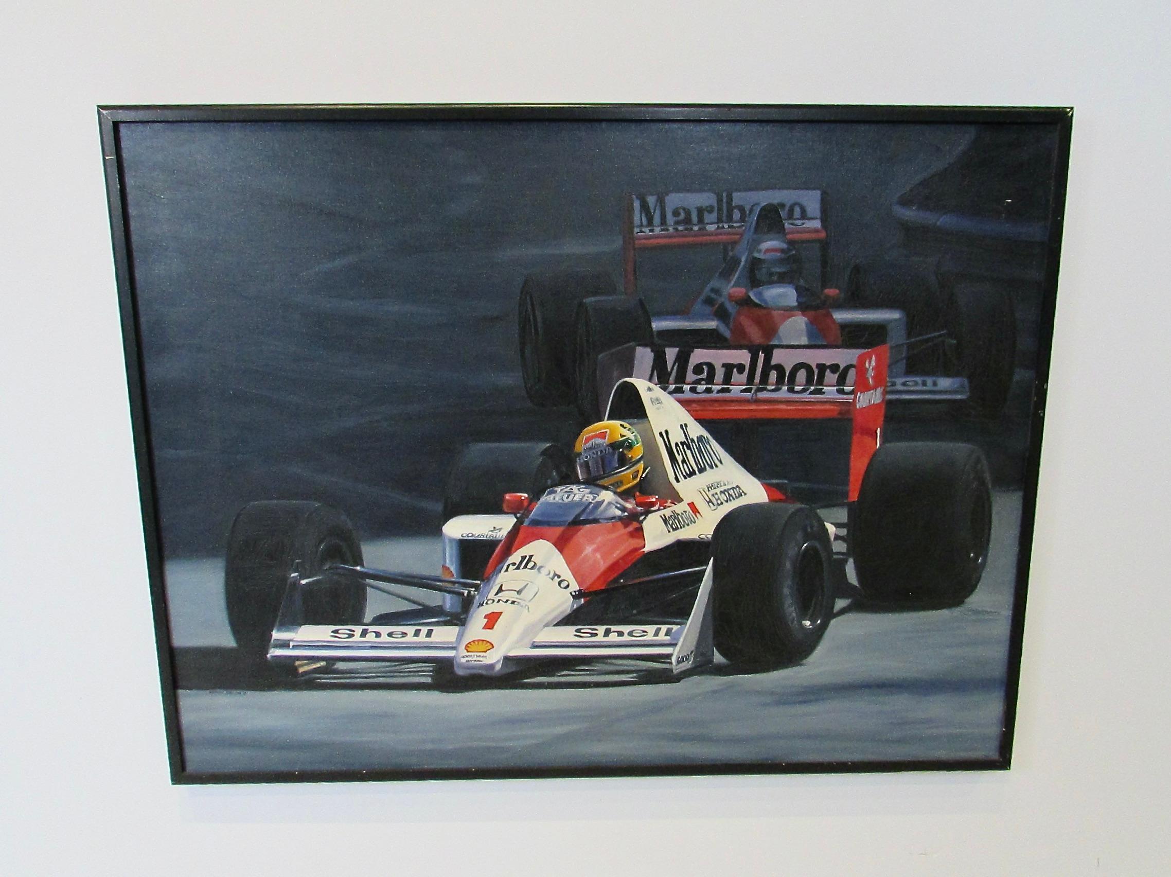 Nicely done painting of the Ayrton Senna Formula One Marlboro race car . Dated 1991 signed lower right and on backside . Some checking in the black of the tires , no losses . 
Ayrton Senna ( 21 March 1960 – 1 May 1994) was a Brazilian racing driver
