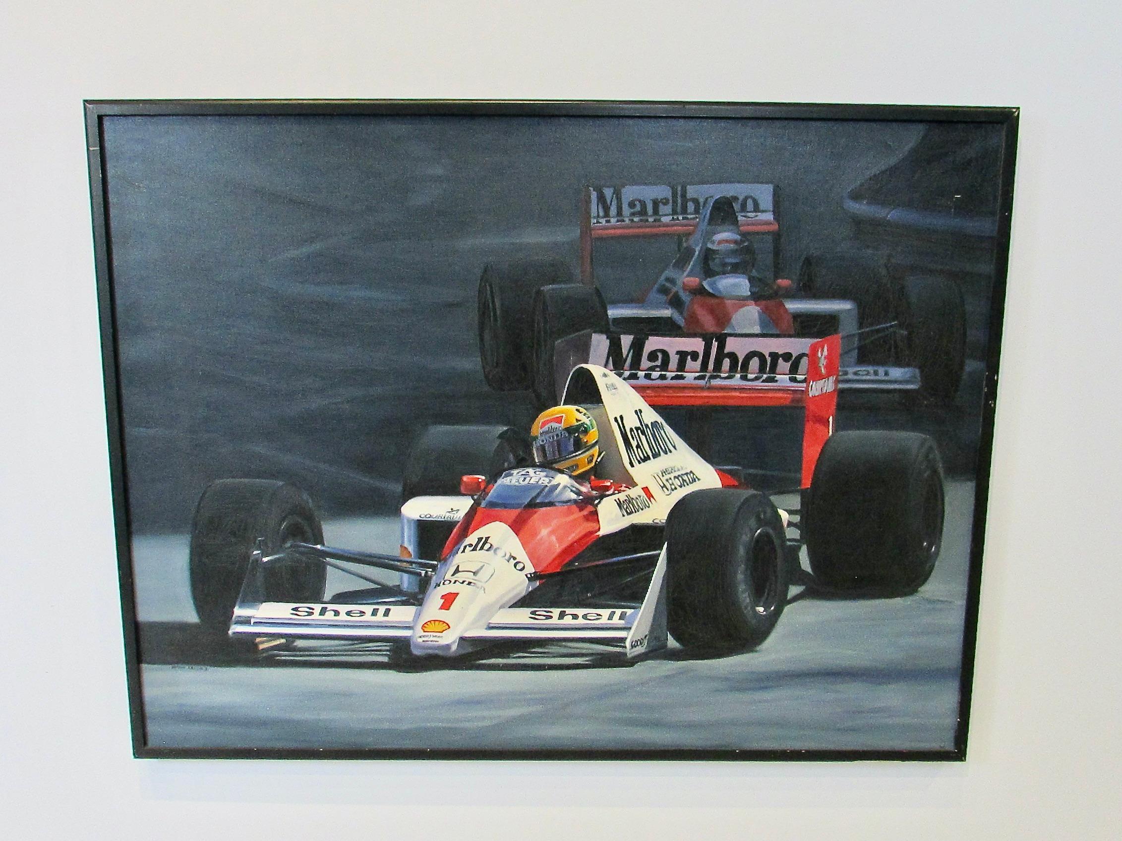 Hand-Painted Acrylic on Canvas Painting Ayrton Senna Formula One McClaren Marlboro Race car For Sale
