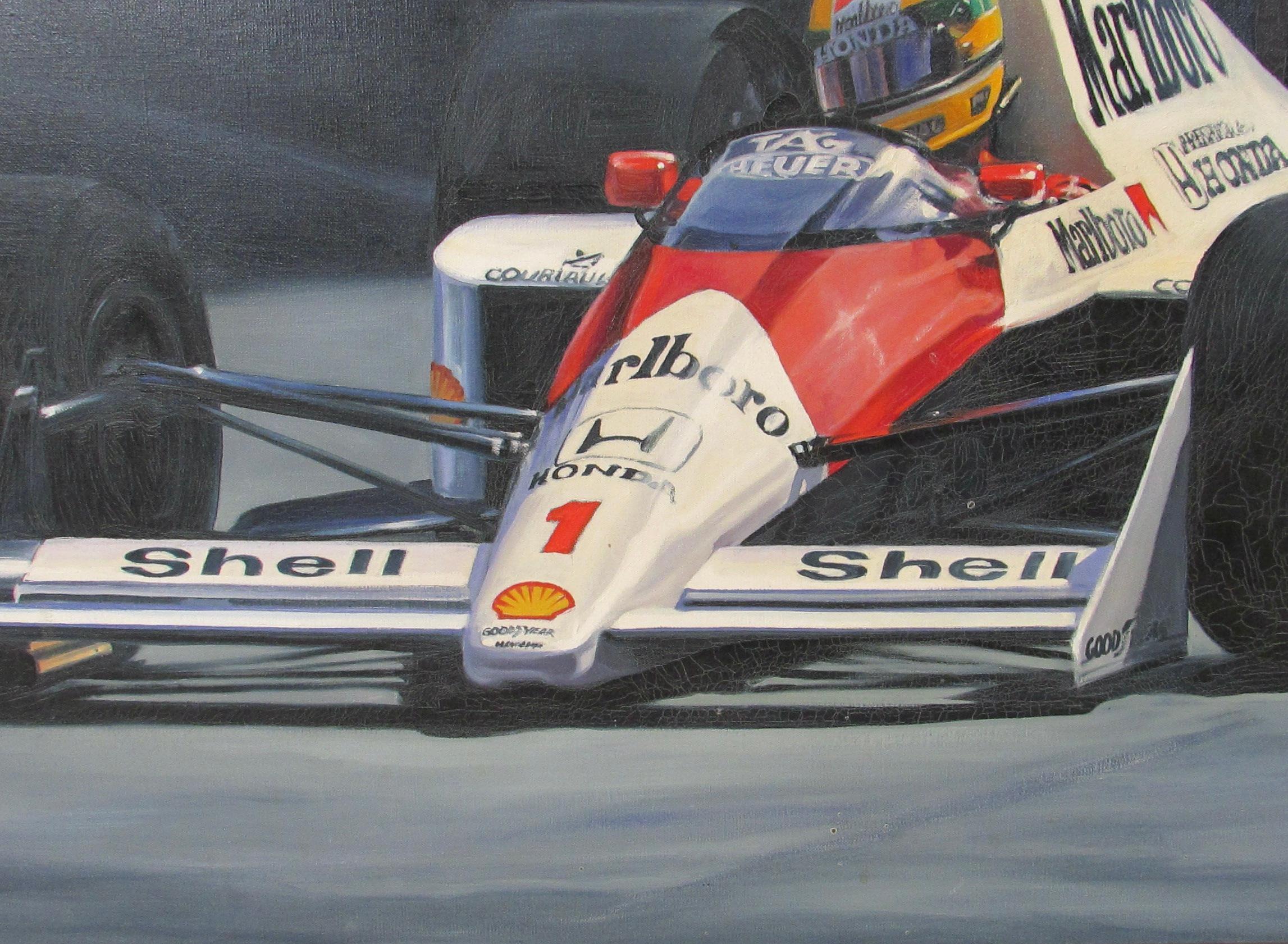Hand-Painted Acrylic on Canvas Painting Ayrton Senna Formula One McClaren Marlboro Race car For Sale
