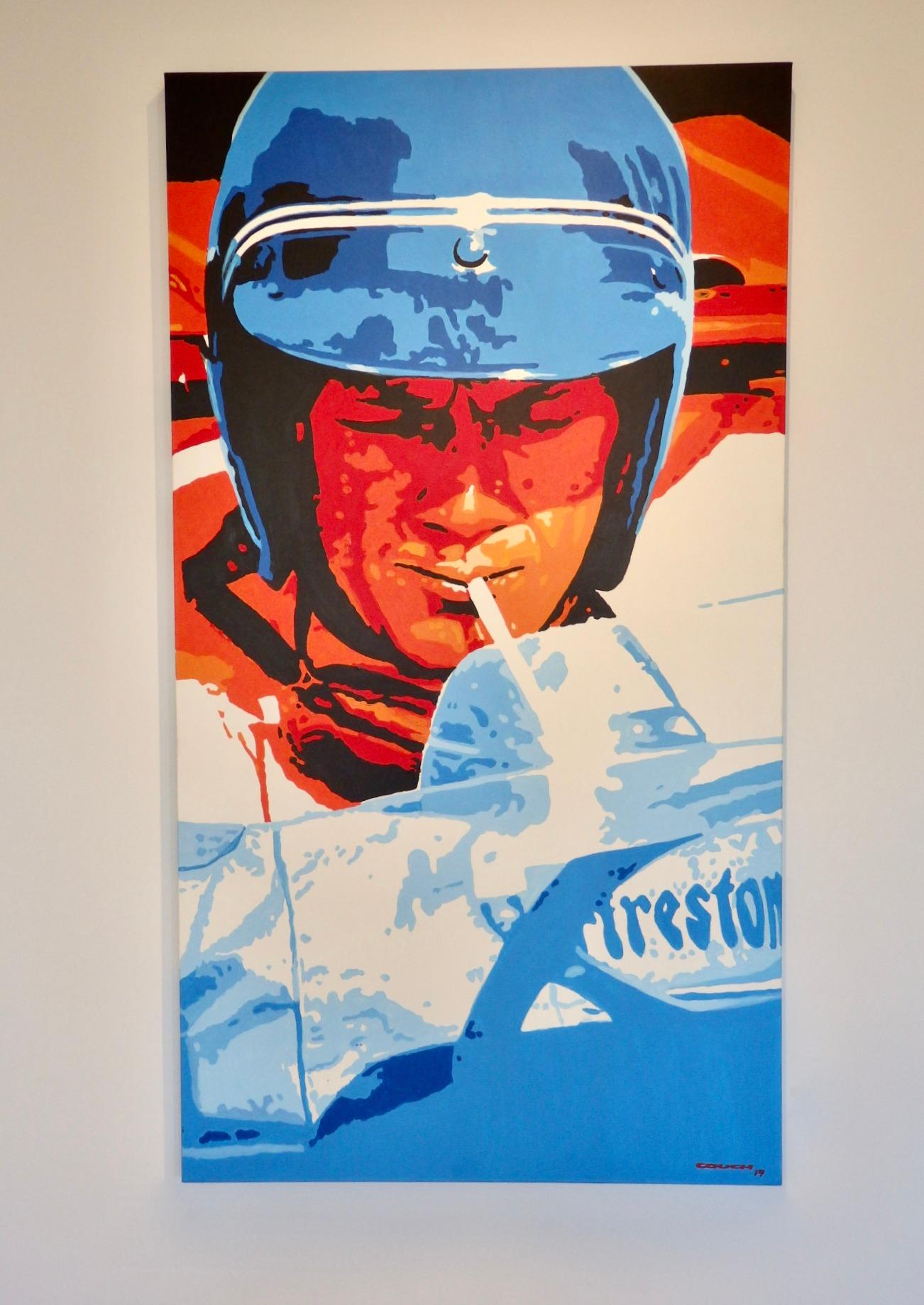 Mid-Century Modern Acrylic on Canvas Painting of Steve McQueen Lemans Era by Detroit Artist