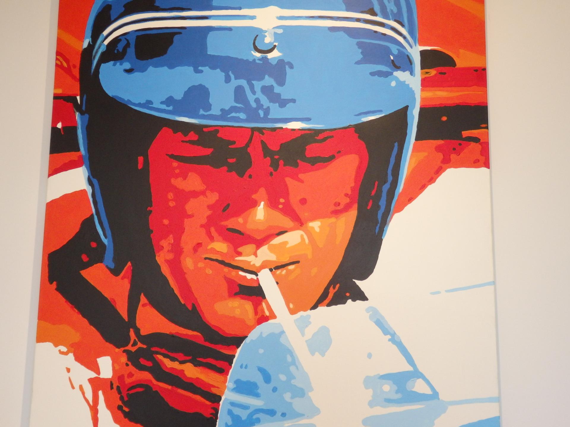 Contemporary Acrylic on Canvas Painting of Steve McQueen Lemans Era by Detroit Artist