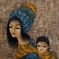 Acrylic on Cardboard by Tran Long – Mother Carrying Her Child