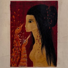 Acrylic on Paper, Nude Young Woman with Peacock Heads by Tran Long, 20th Century