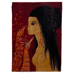 Acrylic on Paper, Nude Young Woman with Peacock Heads by Tran Long, 20th Century
