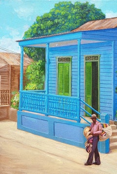 Acrylic Painting, "Casa Azul de Esquina", by Felix Cordero, Puerto Rican Artist