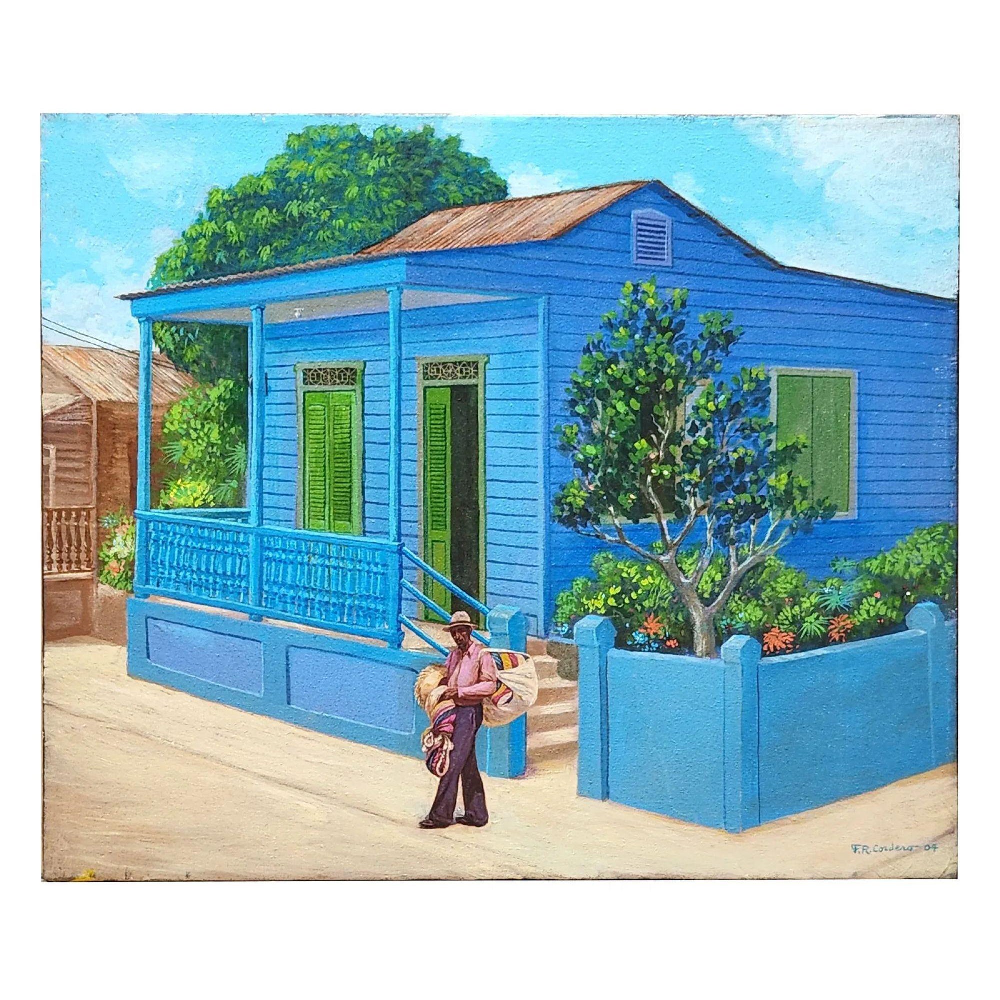 Acrylgemälde, "Casa Azul de Esquina", von Felix Cordero, puerto-ricanischer Künstler im Angebot