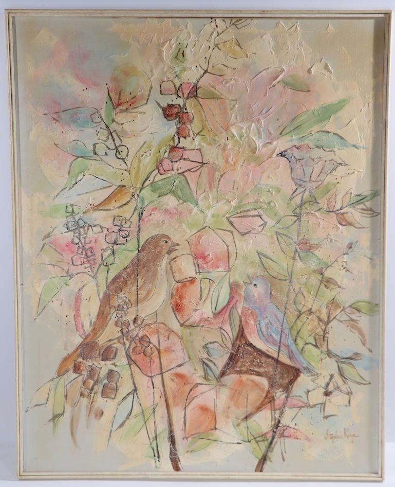 Charmante peinture acrylique décorative à grande échelle de l'artiste canadien Stephen Kaye. Les peintures représentent des oiseaux stylisés dans des branches, sur une surface de peinture abstraite et texturée. Signé en bas à droite.