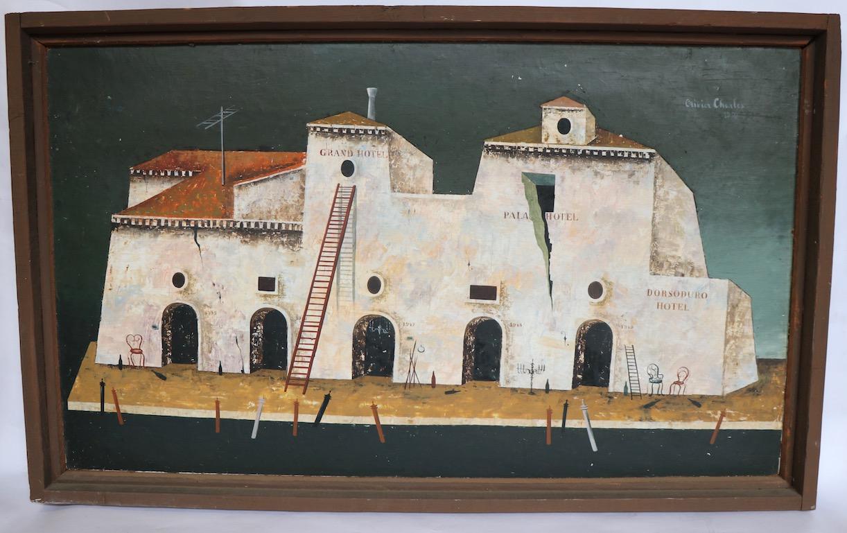 Acrylic painting on board signed Olivier Charles, dated 1960. I believe the subject is a Mexican street scene, but cannot document. Primitive Naive school, but a sophisticated composition, and a skilled hand are evident. This painting is in fine,