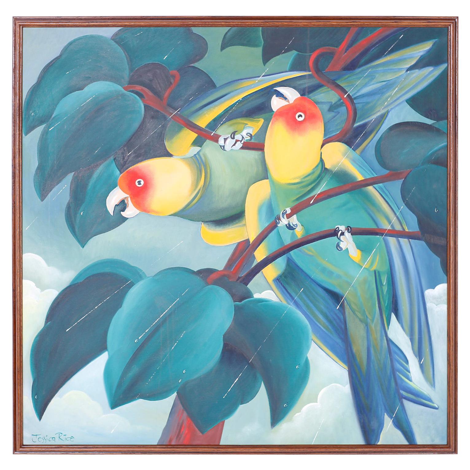 Peinture à l'acrylique sur toile de deux perroquets dans la pluie