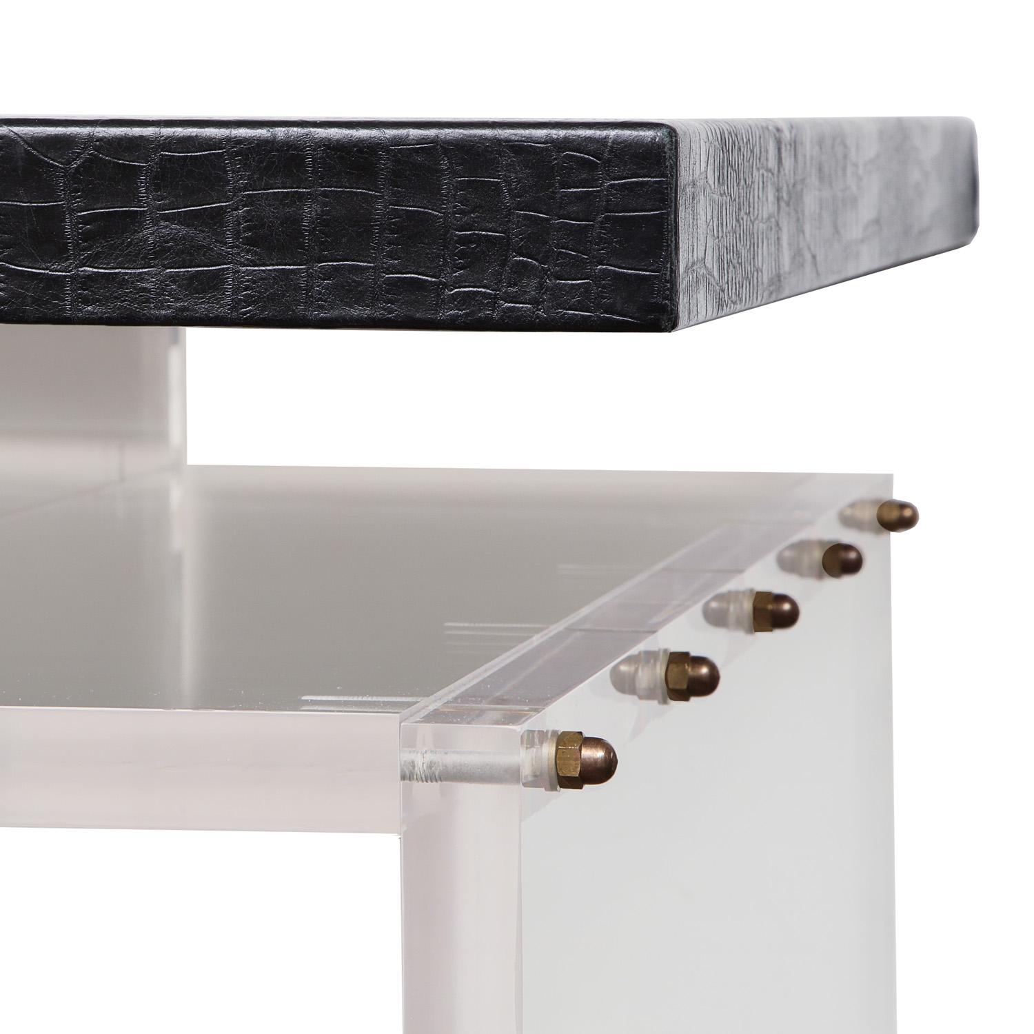 Hand-Crafted Acrylic Partners Desk with Embossed Crocodile Leather Top, Floor Model Sale