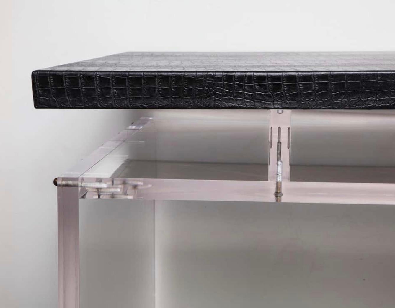 Acrylic Partners Desk with Embossed Crocodile Leather Top, Floor Model Sale In Good Condition For Sale In New York, NY