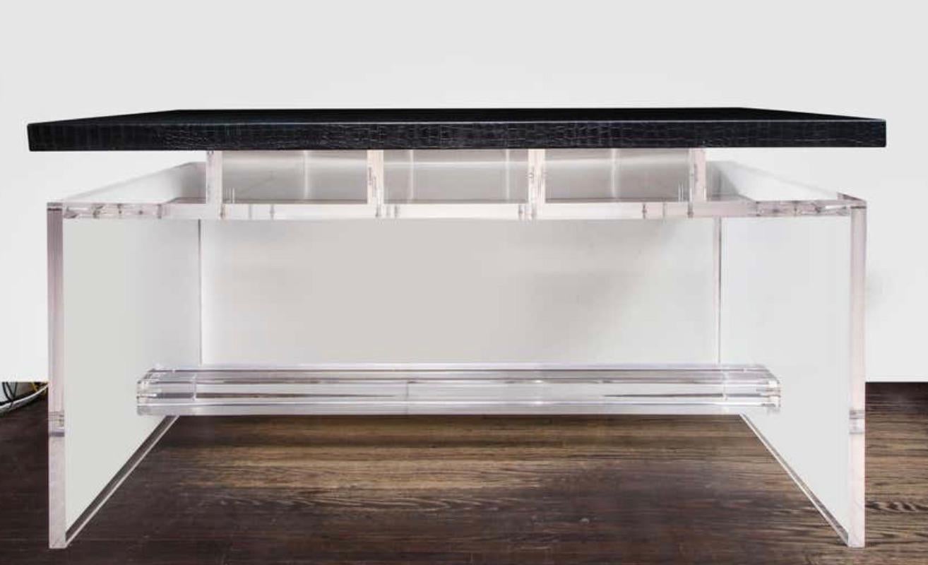 Contemporary Acrylic Partners Desk with Embossed Crocodile Leather Top, Floor Model Sale For Sale