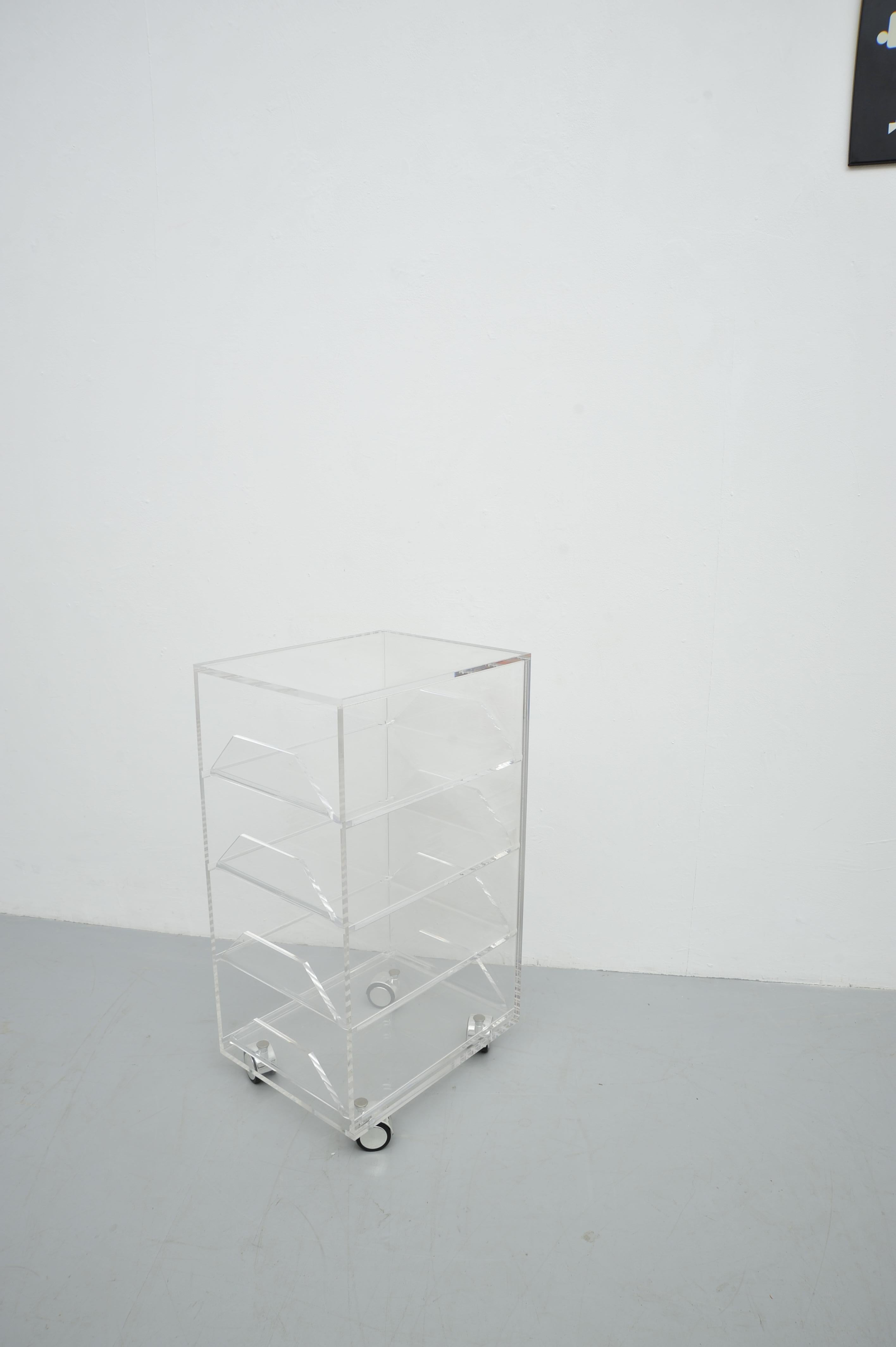 Space Age Acrylic Rolling Table with Four Drawers, Modern Design For Sale