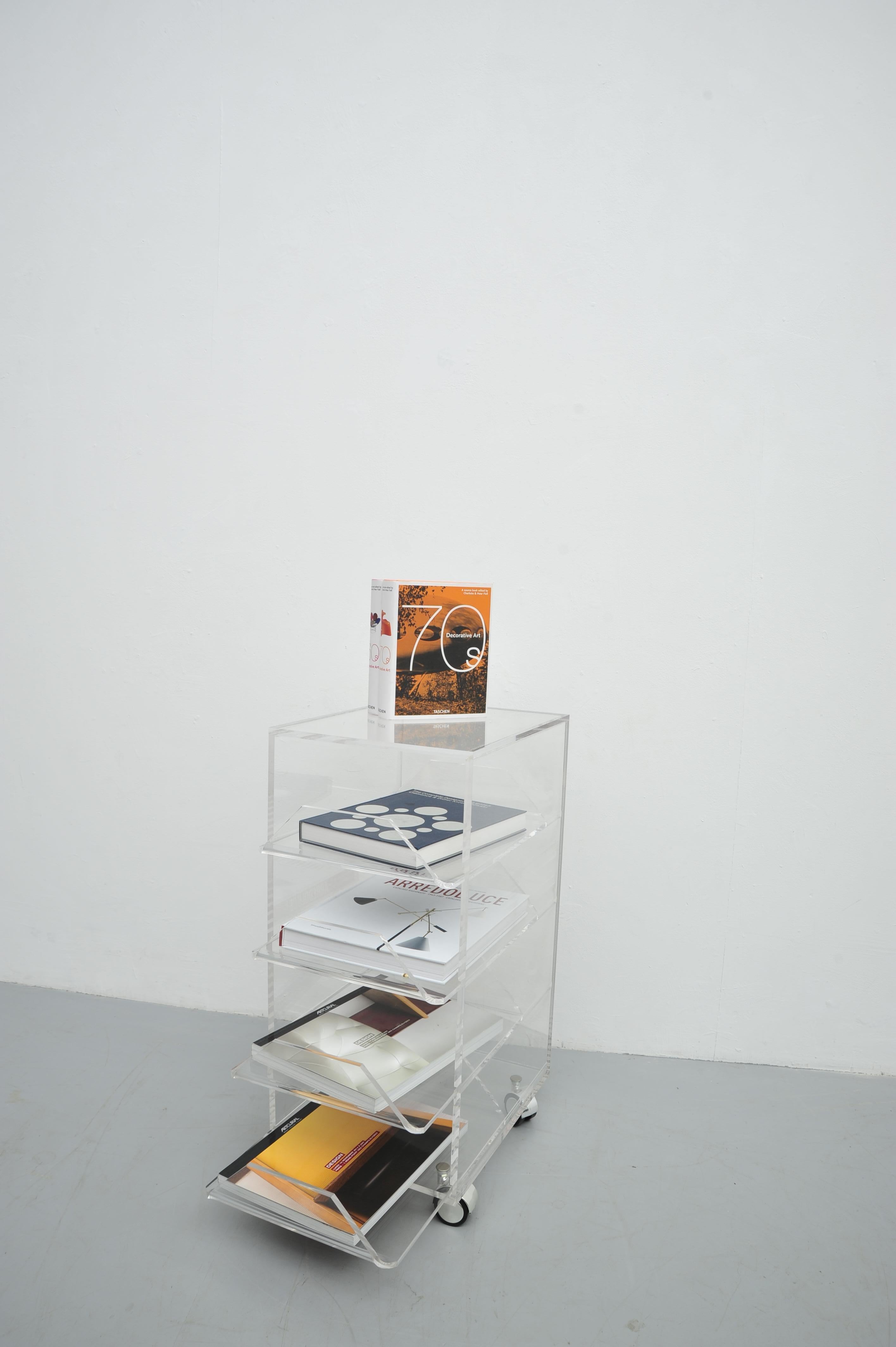 Late 20th Century Acrylic Rolling Table with Four Drawers, Modern Design For Sale