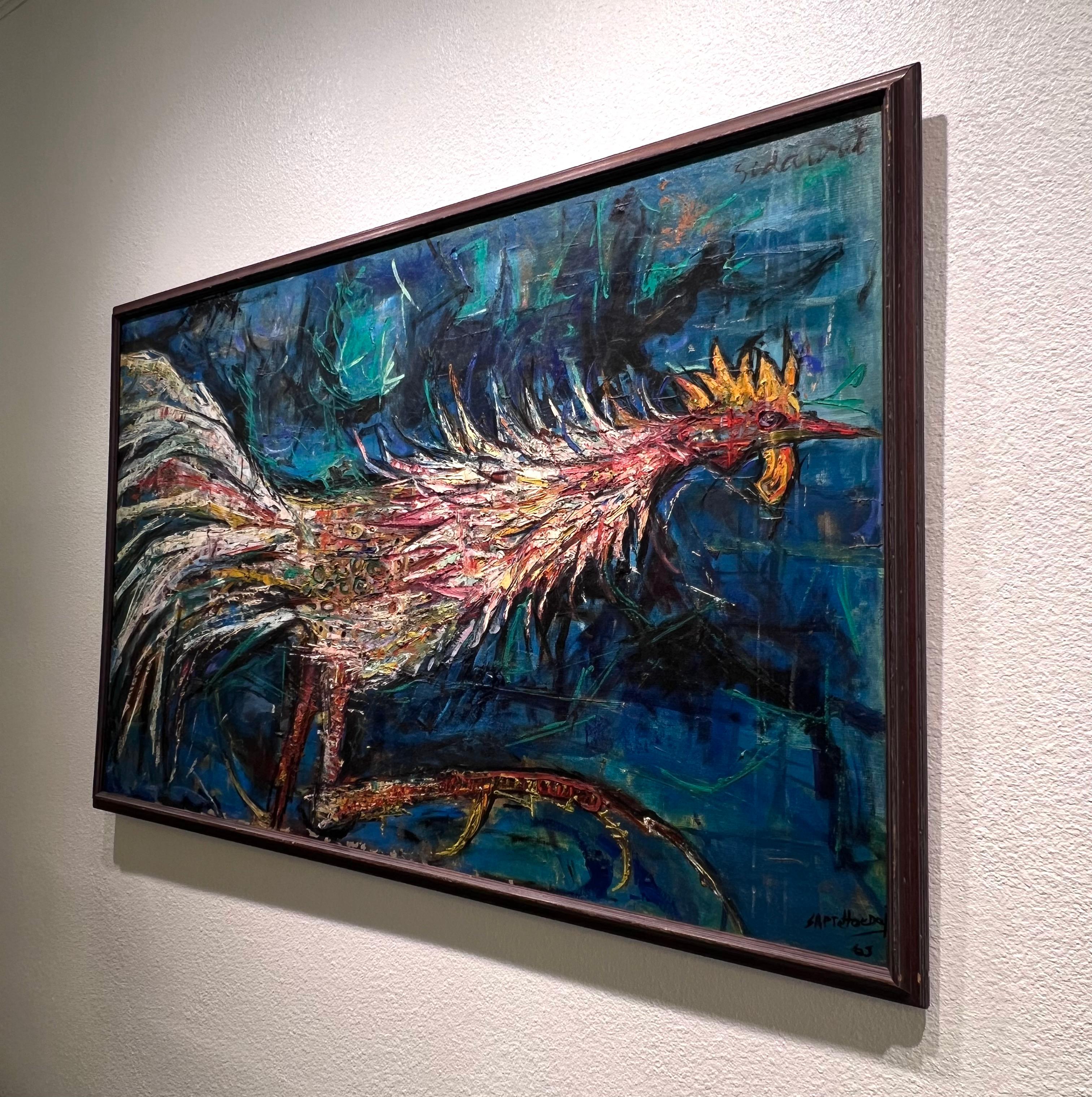 Gran pintura original en acrílico de 1973 sobre un gallo, obra del influyente artista indonesio Sapto Hoedojo (1925-2003). 

Este gran gallo pintado a mano con fuertes trazos de color está sobre tabla, firmado y fechado en 73 en la parte inferior
