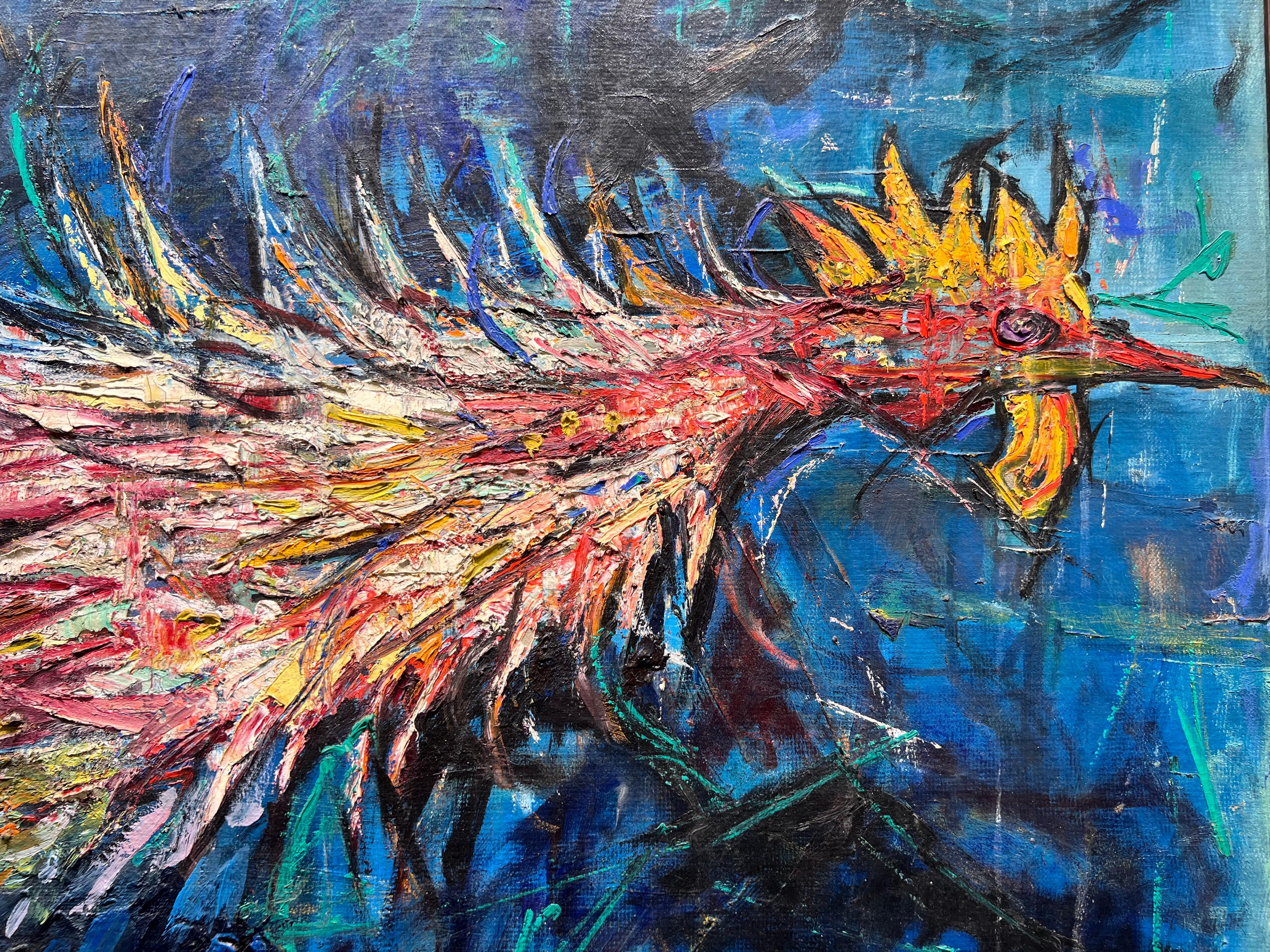 Mid-Century Modern Acrylic Rooster Painting by Indonesian Listed Artist Sapto Hoedojo For Sale