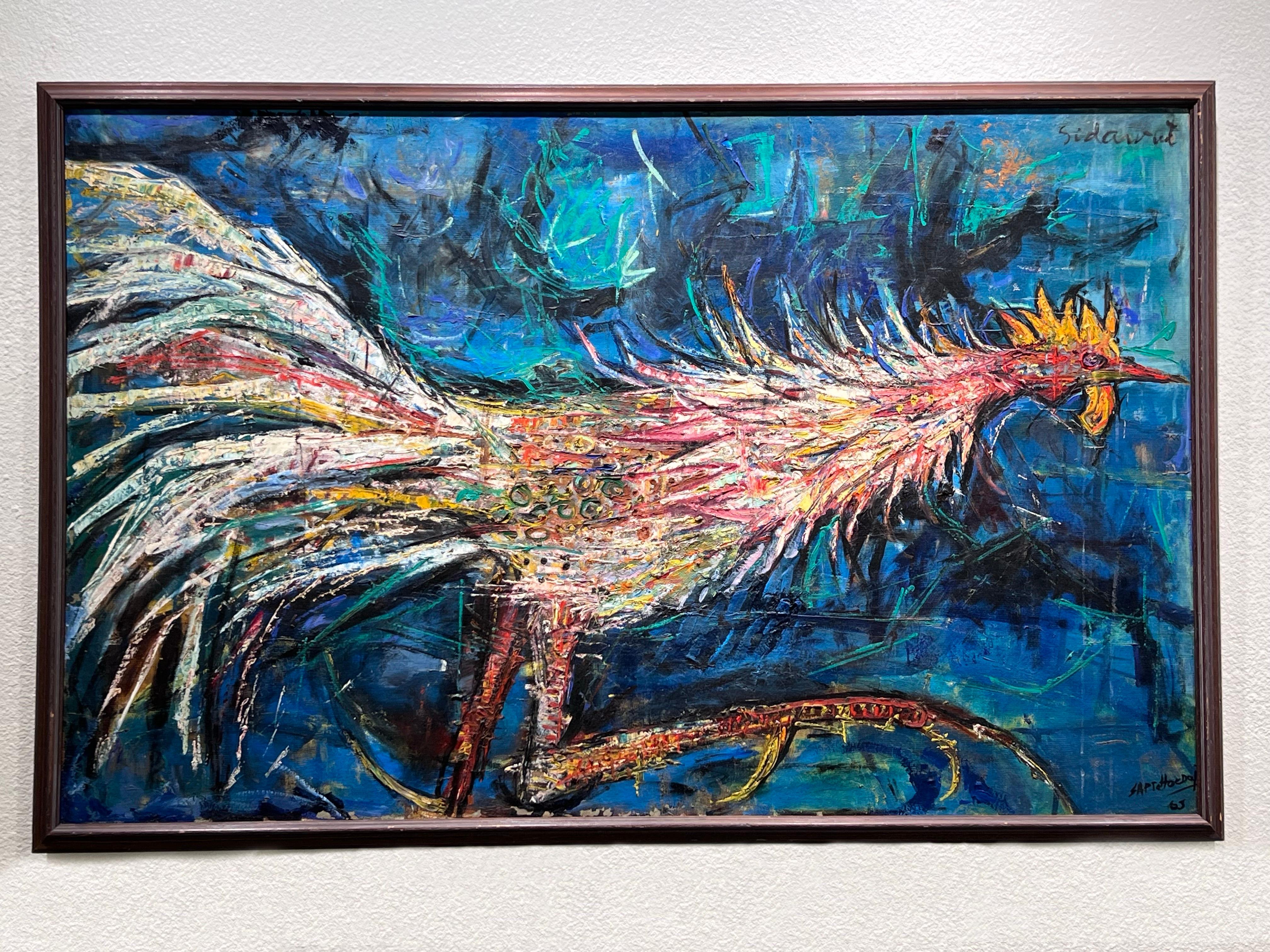 Acrylic Rooster Painting by Indonesian Listed Artist Sapto Hoedojo In Good Condition For Sale In Palm Springs, CA
