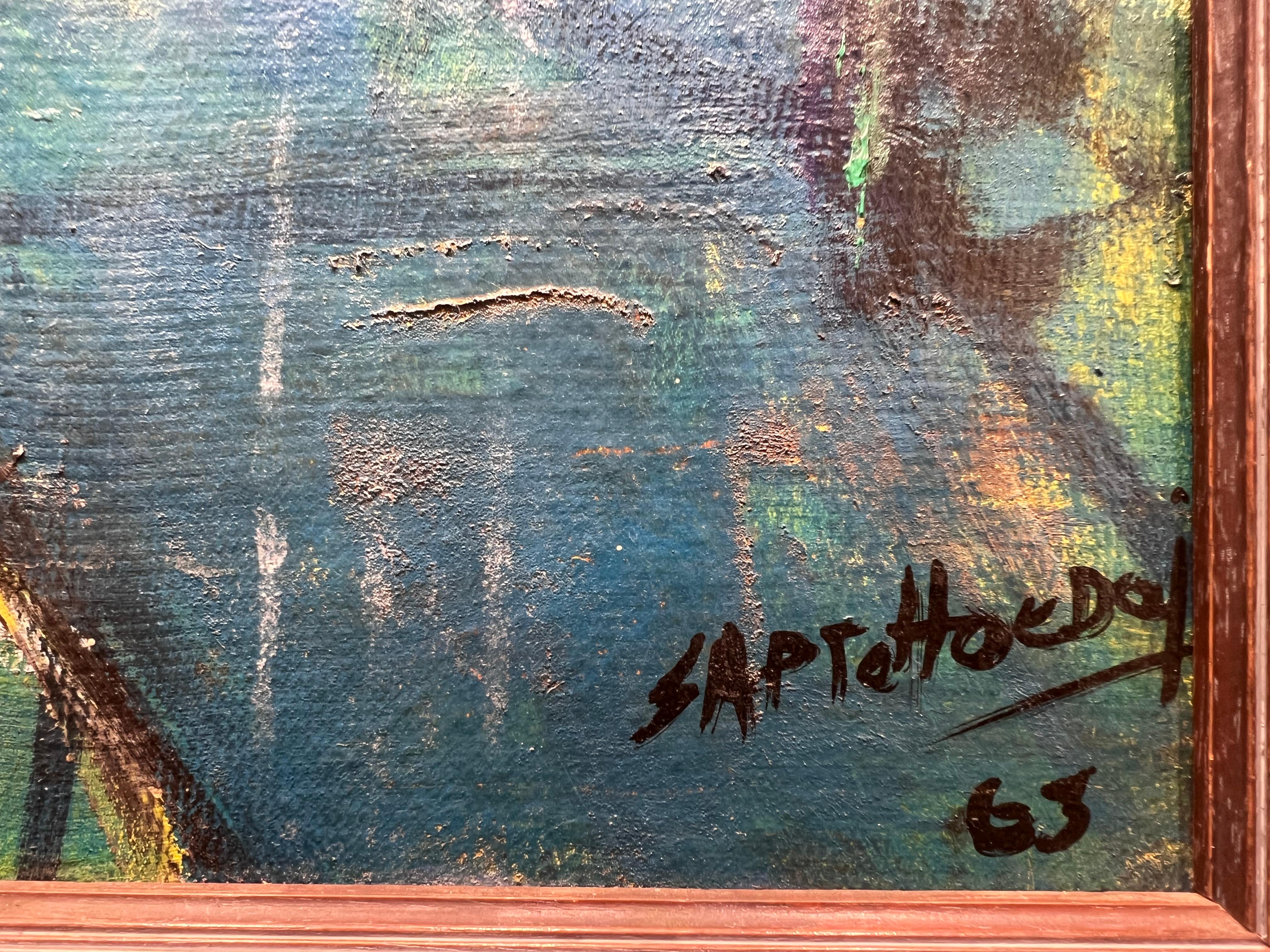 Pintura acrílica sobre gallo del artista indonesio Sapto Hoedojo mediados del siglo XX en venta