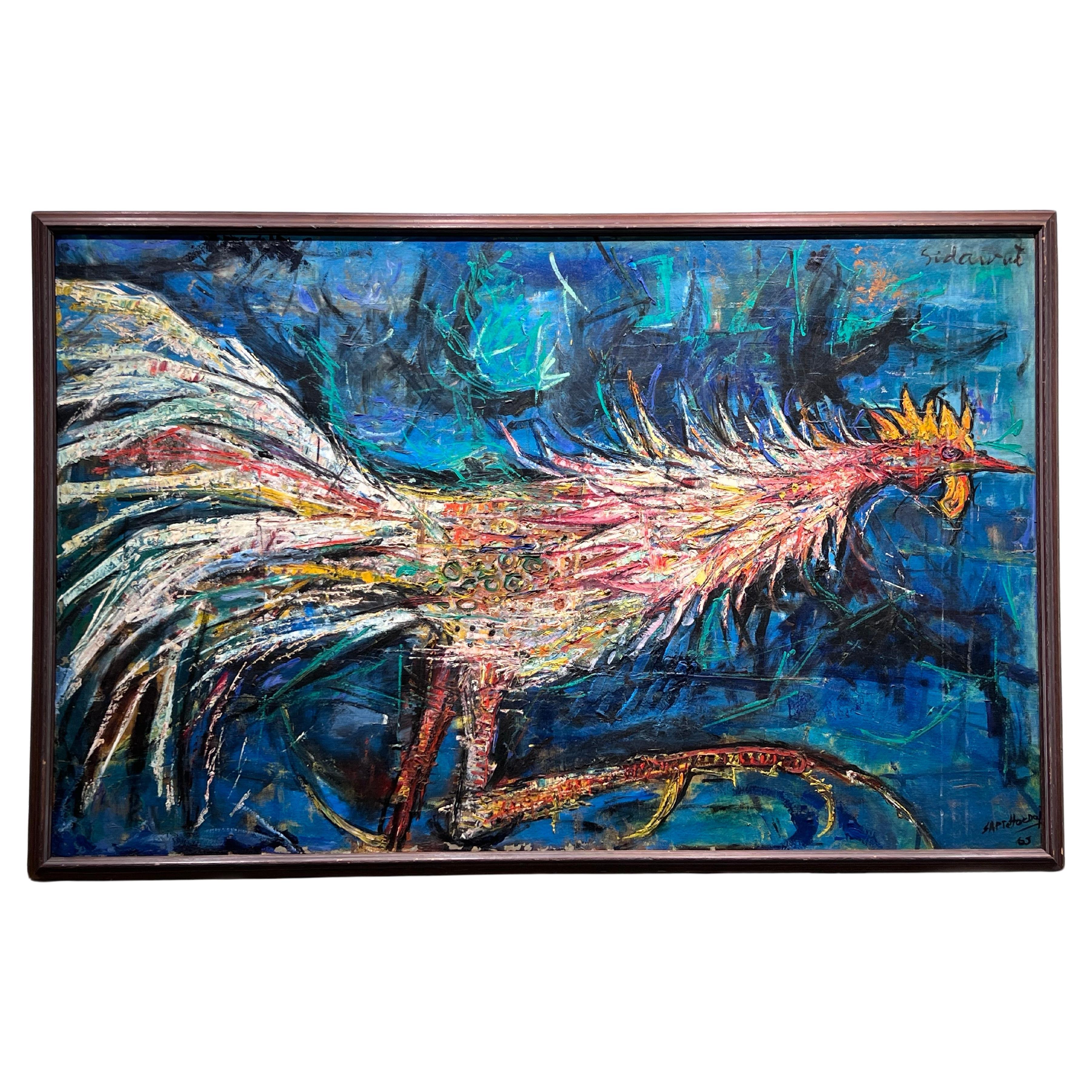 Acrylic Rooster Painting by Indonesian Listed Artist Sapto Hoedojo For Sale