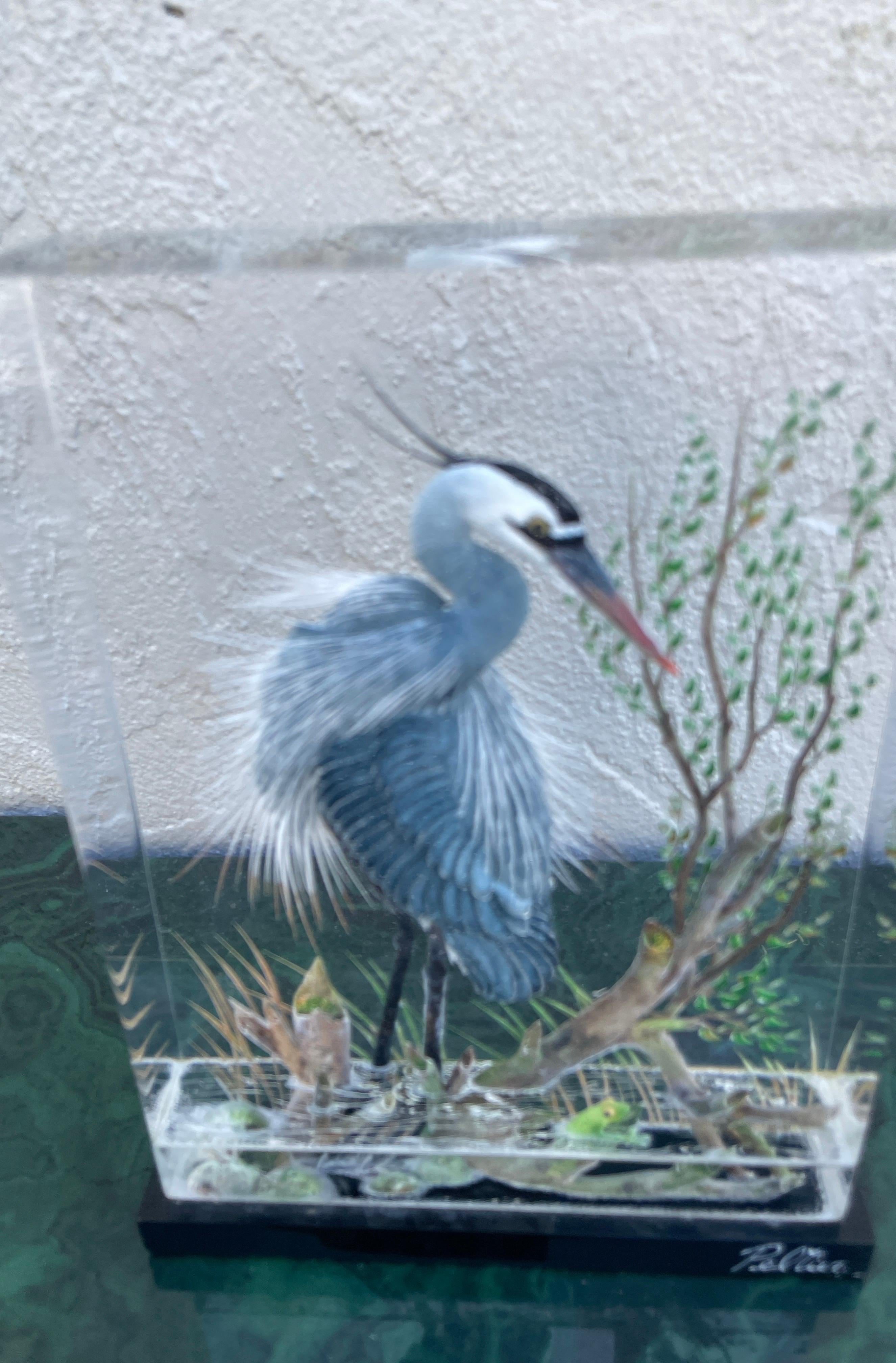 Vintage acrylic sculpture of Blue Heron in a natural habitat.