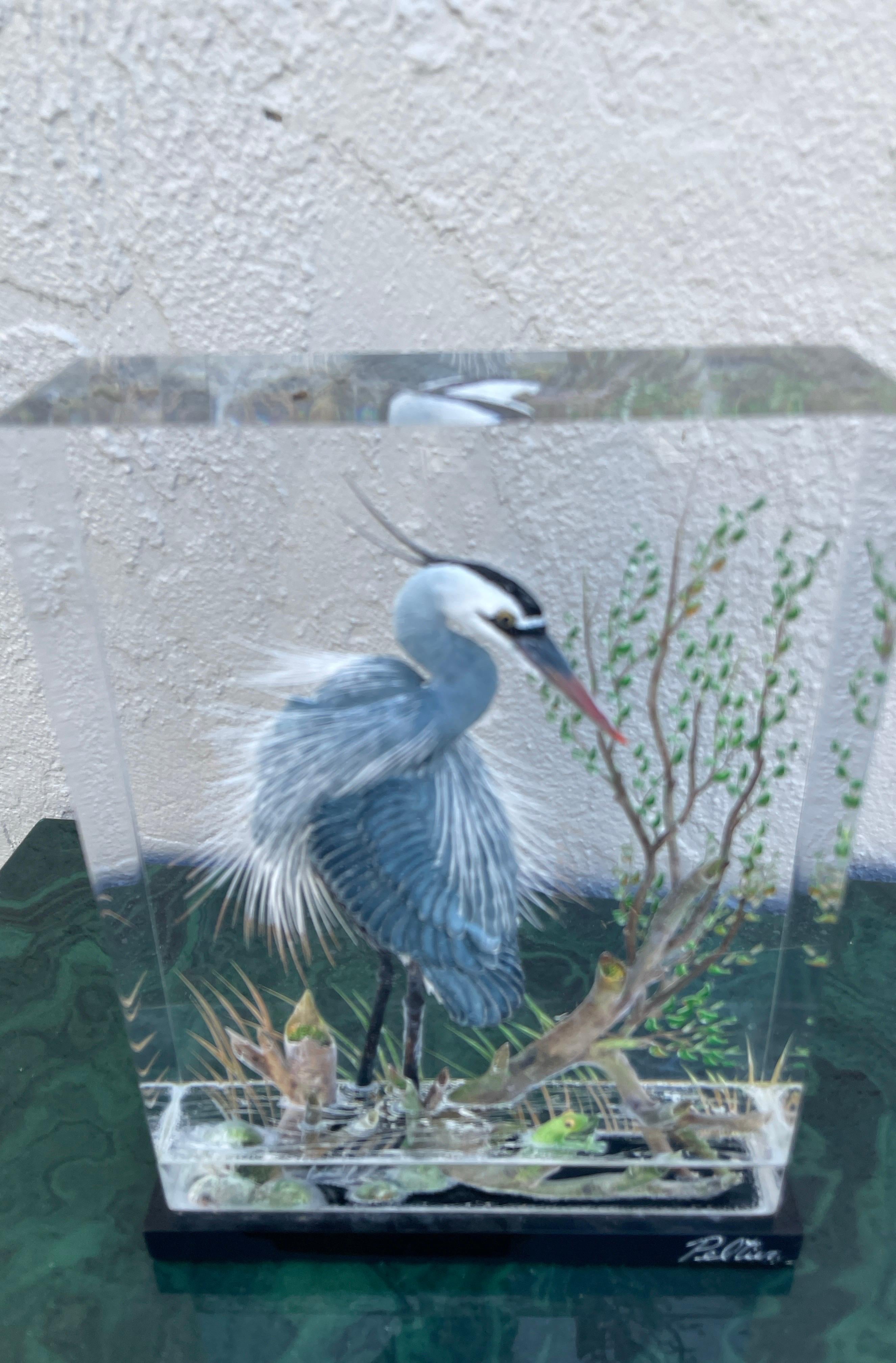 20th Century Acrylic Sculpture of Blue Heron Bird by Peltier For Sale