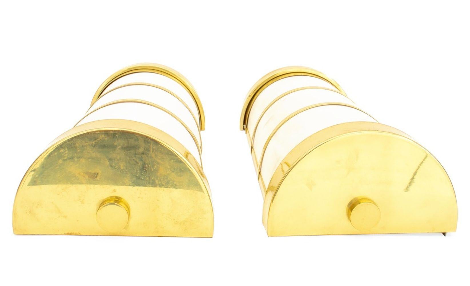 Pair of Cylindrical Acrylic Shade Flush Mount Wall Sconces, each in frosted acrylic with brass banding to top and bottom. 19.5