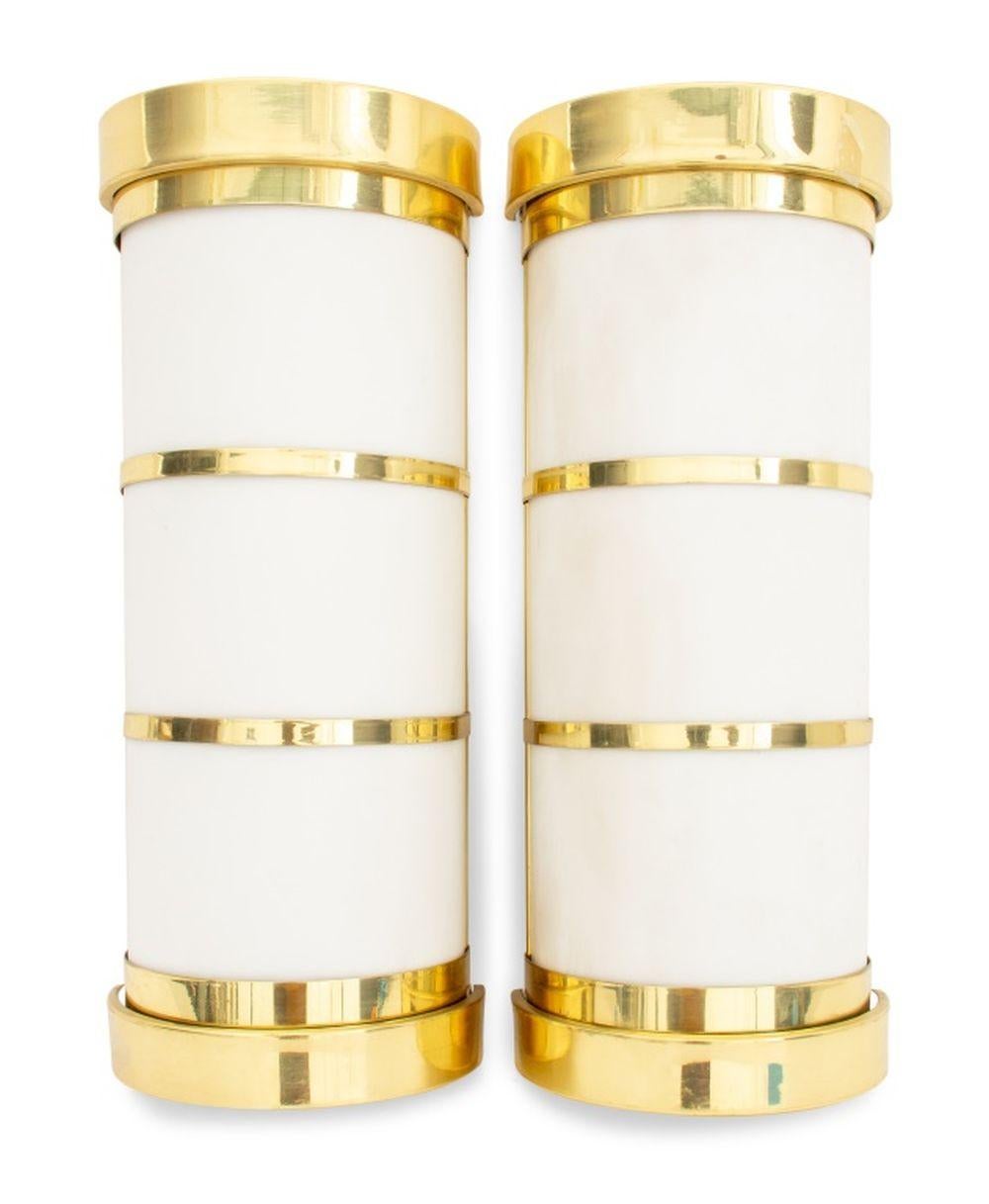 Frosted Acrylic Shade Brass Mounted Wall Sconces, Pair For Sale