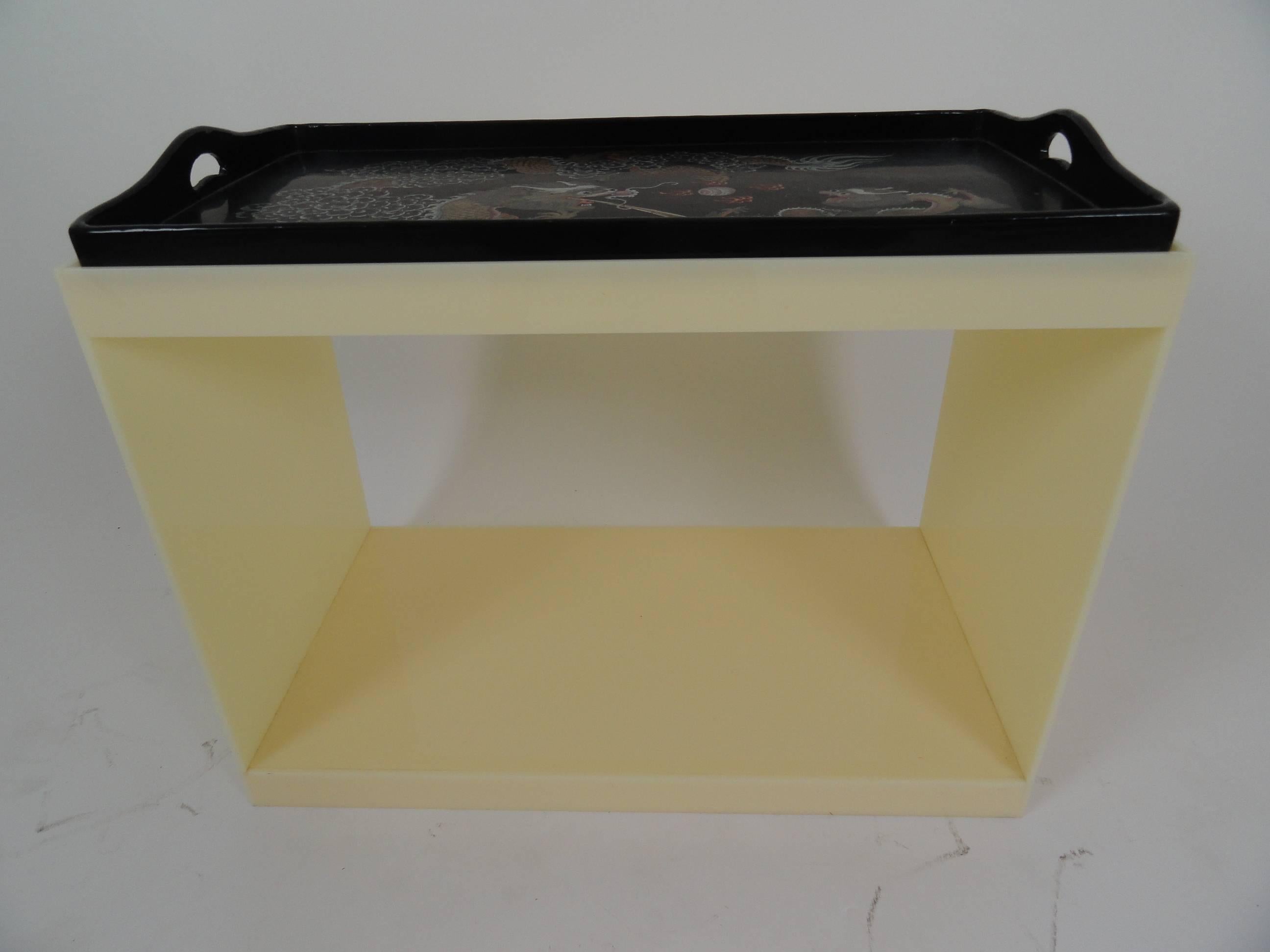 Off-white/ cream colored acrylic new custom table base with antique Chinese black lacquer tray top with handles, showing traditional Chinese dragon motif.