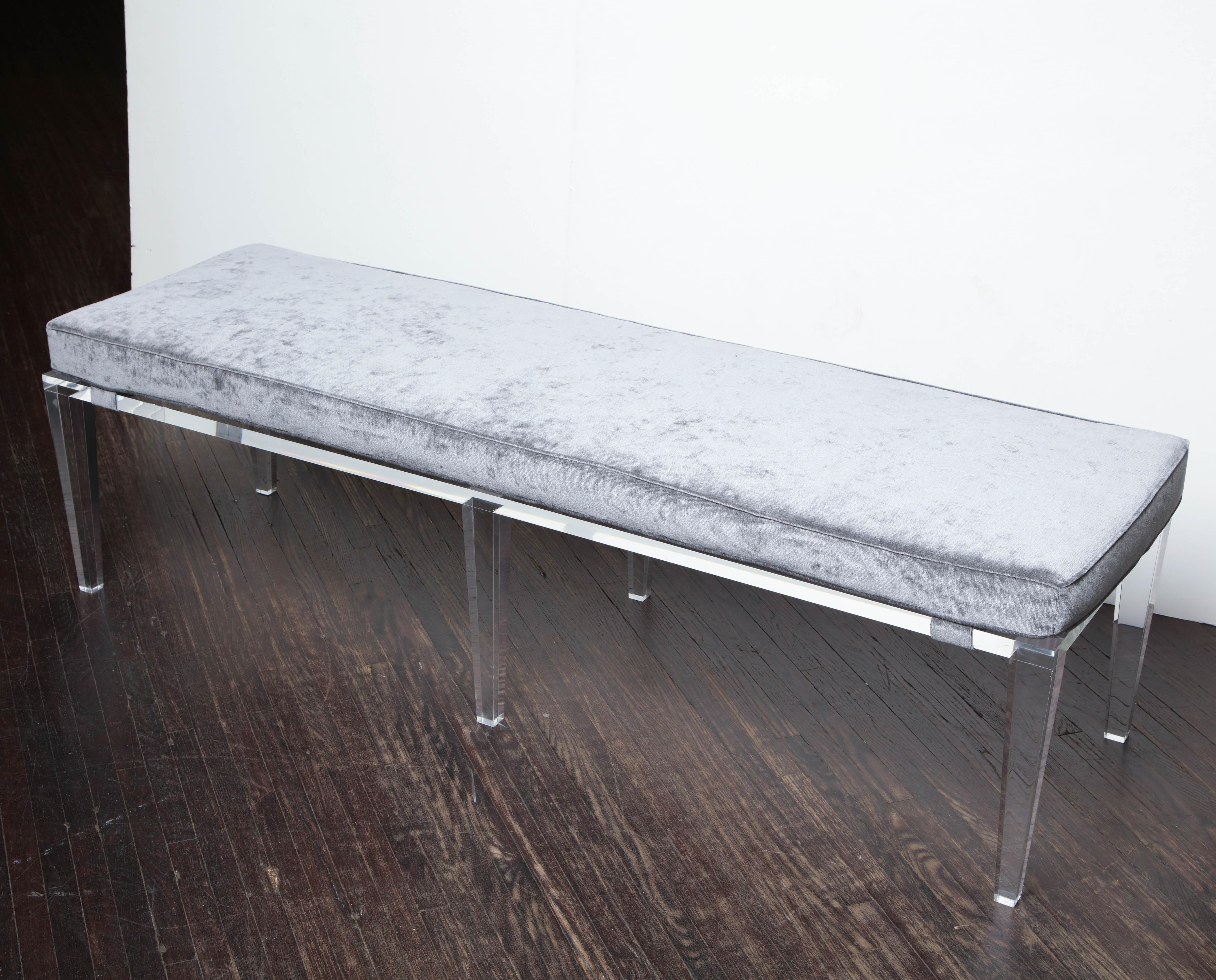 Custom Lucite bench with gray velvet cushion. The price listed is with customer own material/fabrics (COM/COF). Custom orders are available for different sizes.
 