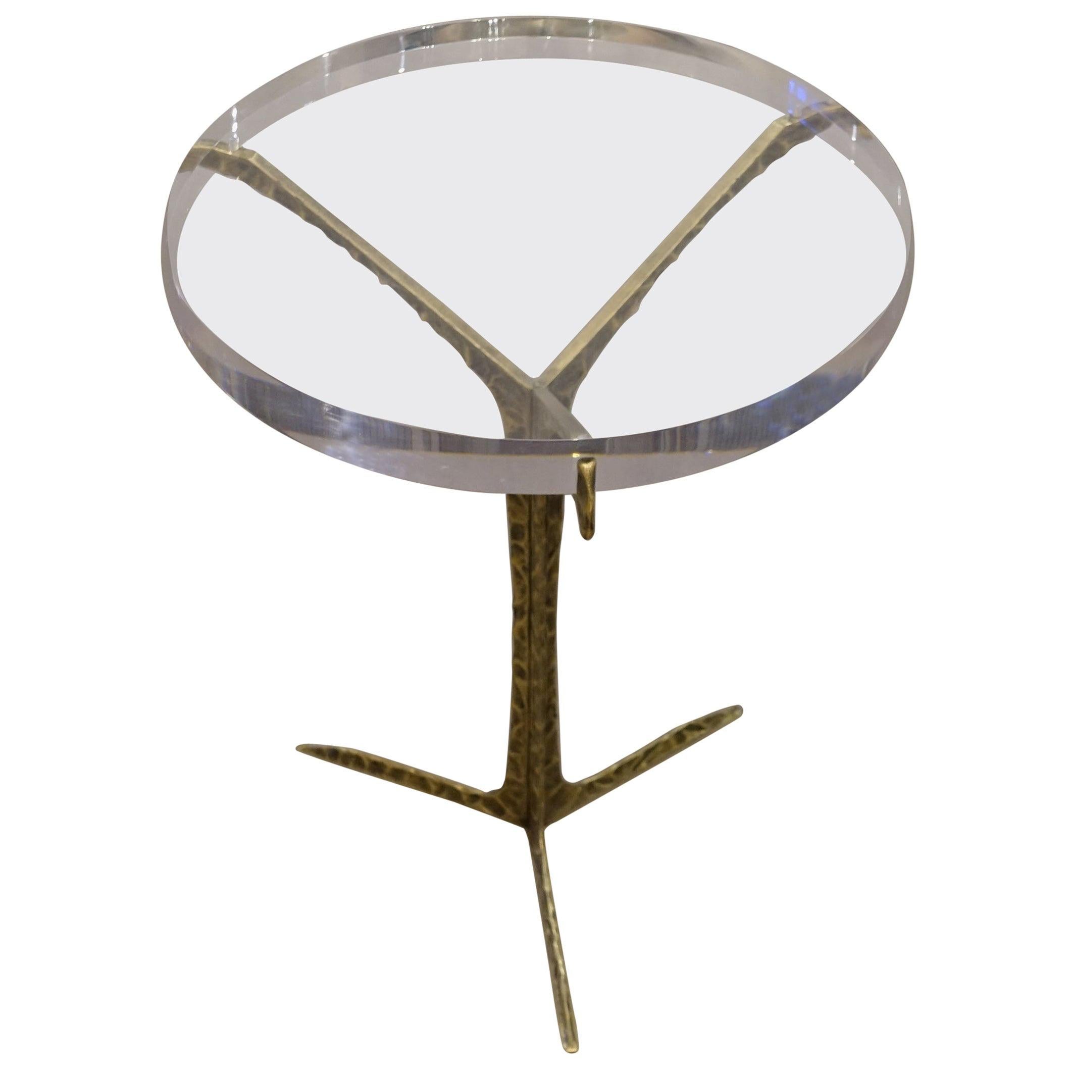 Acrylic Top, Hammered Brass Base Cocktail Table with Portugal, Contemporary