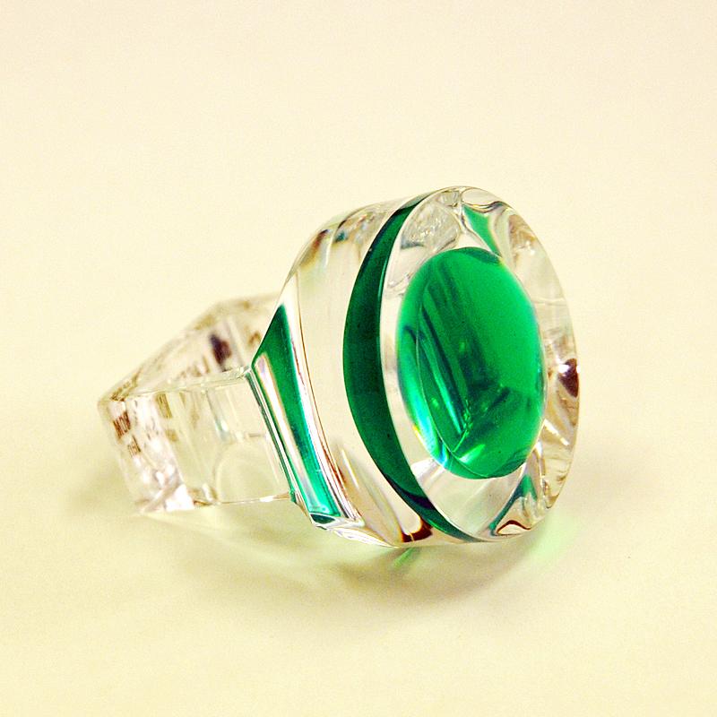 Swedish Acrylic Vintage Ring with Circle Green Plate by Siv Lagerström 1970s, Sweden