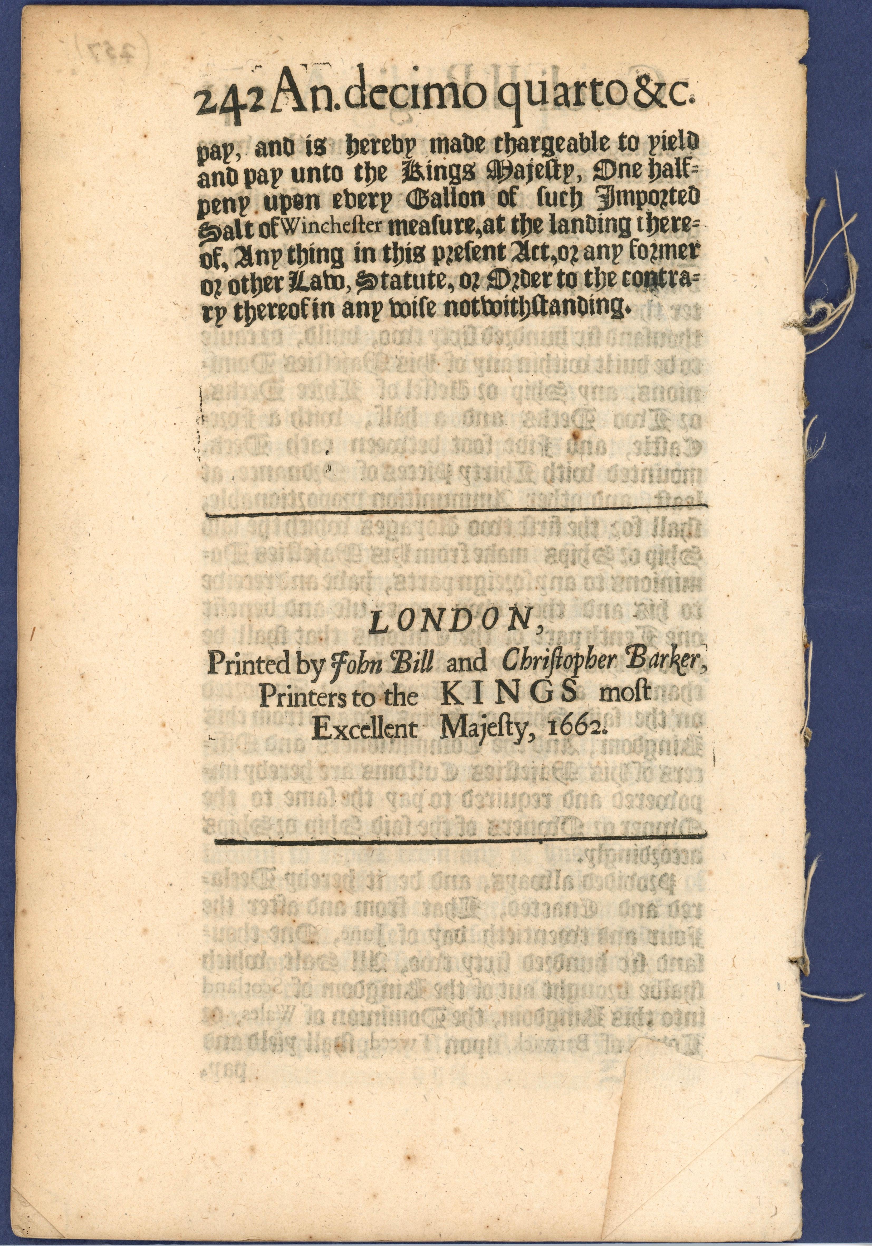 Mid-17th Century Act for Preventing Frauds and Abuses in His Majesty's Customs 1662 For Sale