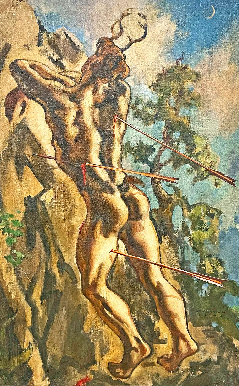 This stunning example of Art Deco painting illustrates the dramatic moment when the hunter Actaeon, having seen the nude Diana in her bath, is meeting his death. Here Actaeon himself is fully nude, and is being transformed into a deer as he is being