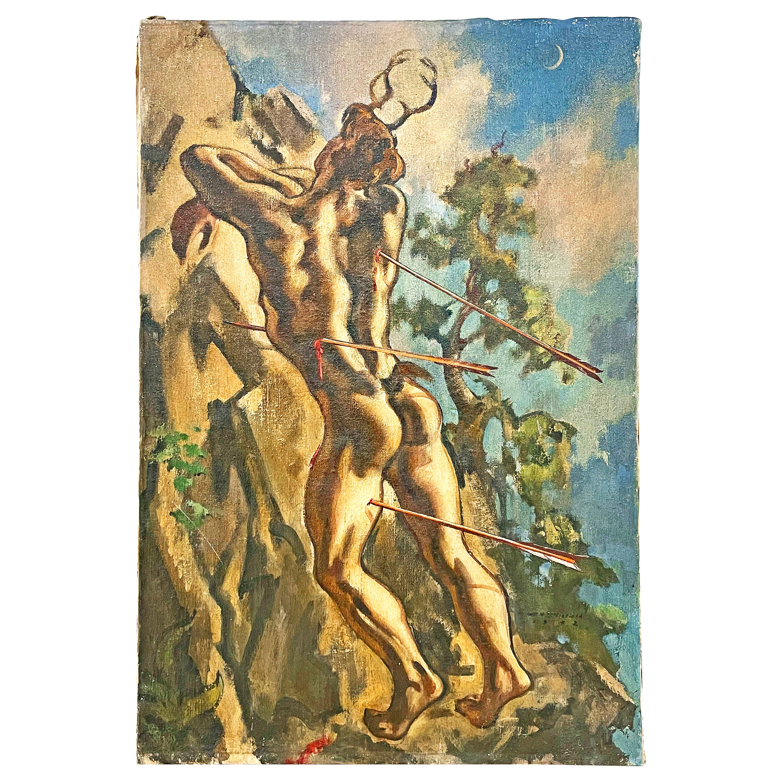 "Actaeon in Flight", großes Gemälde einer mythologischen Szene mit männlichem Akt, 1942