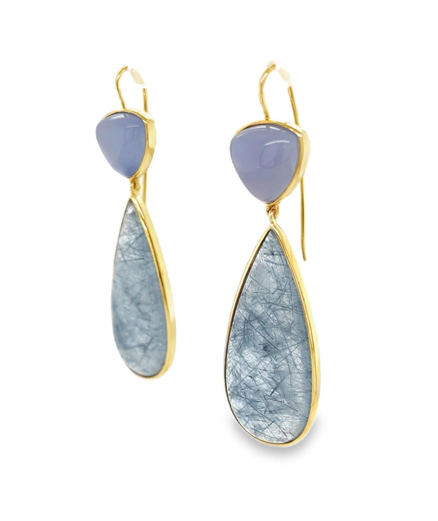 Pear Cut Actinolite and Chalcedony Dangle Earrings in Yellow Gold, 52.66 Carats Total For Sale