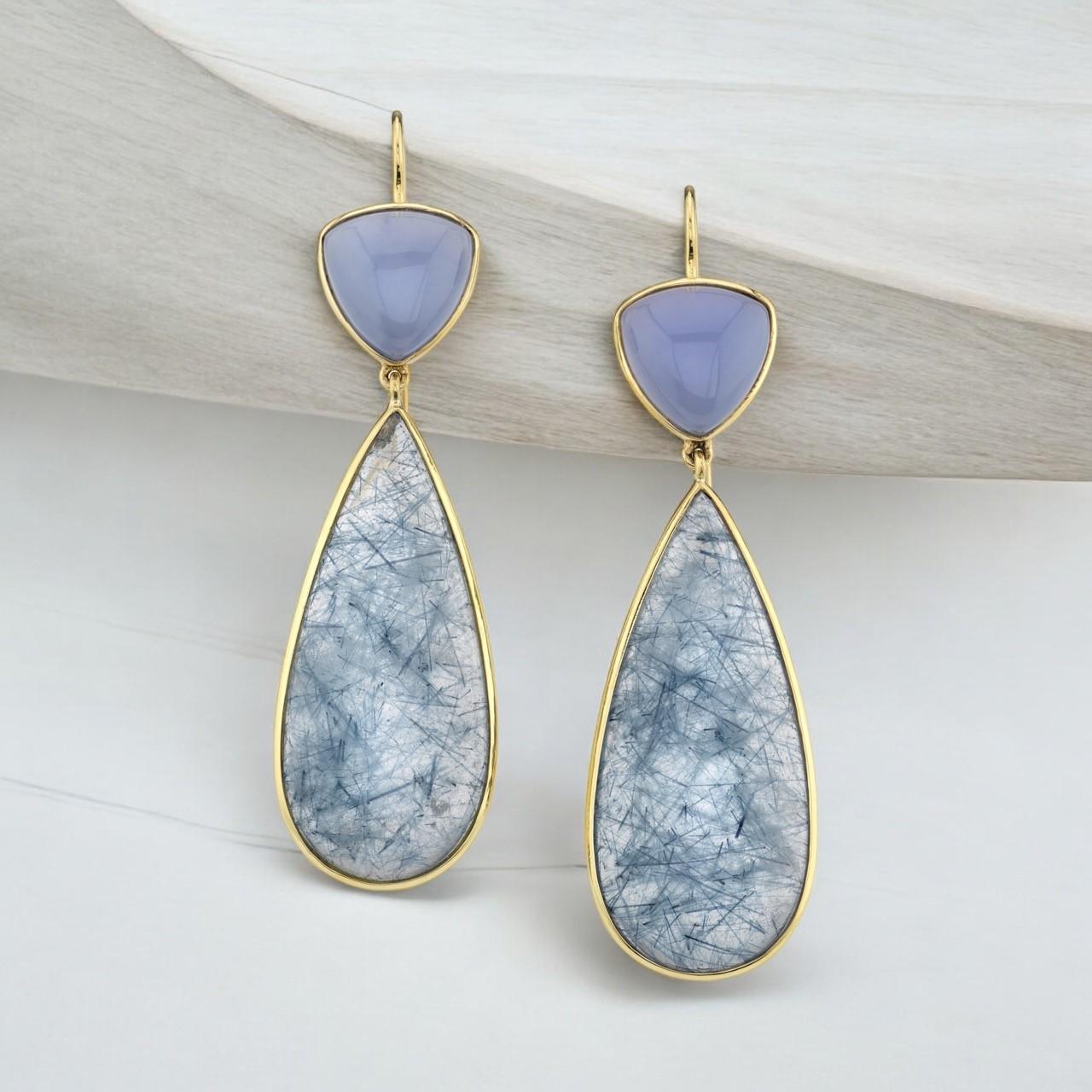 Women's Actinolite and Chalcedony Dangle Earrings in Yellow Gold, 52.66 Carats Total For Sale