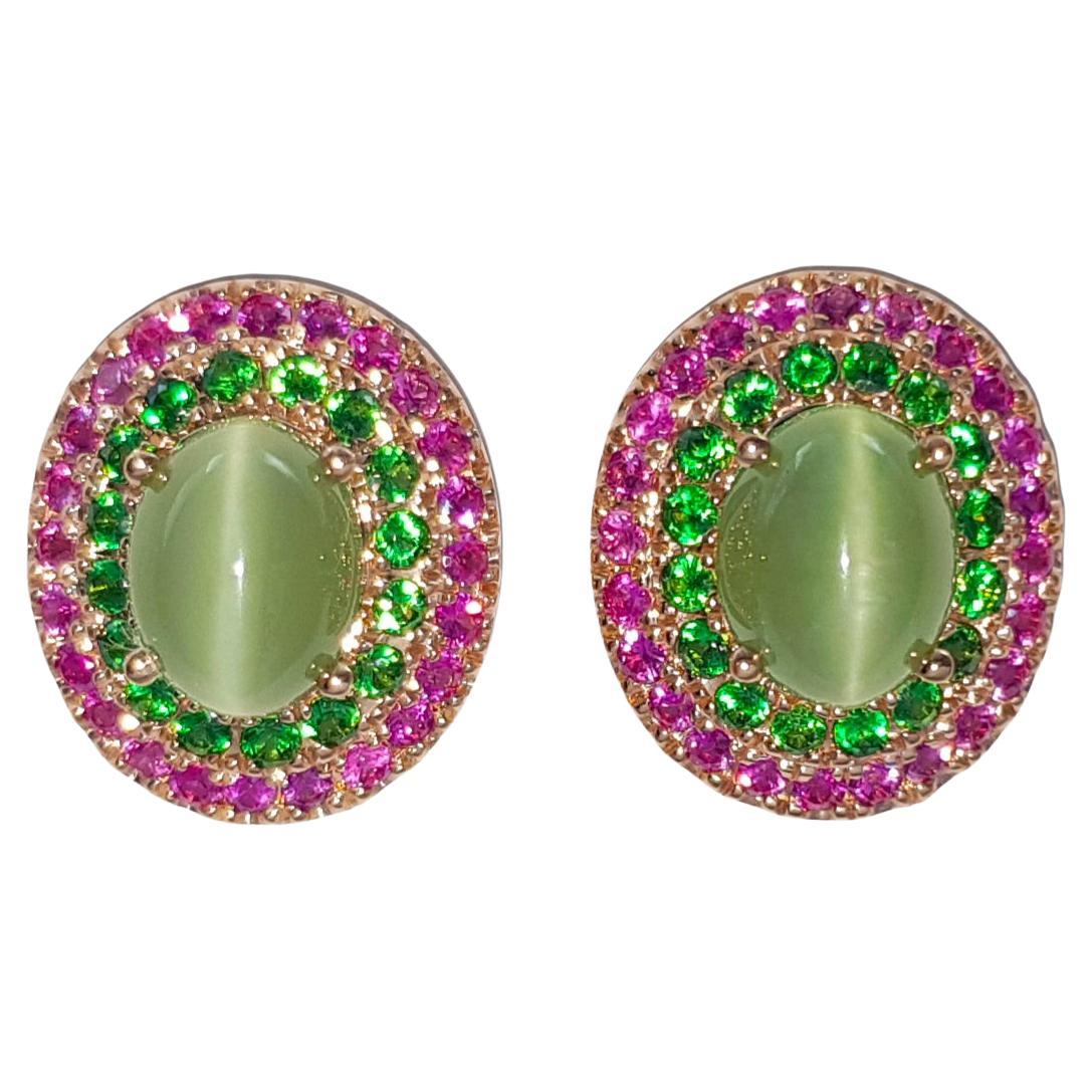 Actinolite Cat's Eye, Pink Sapphire and Tsavorite Earrings set in 18K Rose Gold