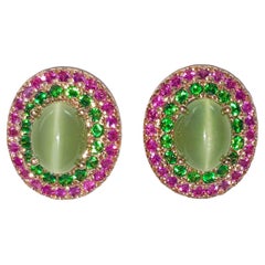 Actinolite Cat's Eye, Pink Sapphire and Tsavorite Earrings set in 18K Rose Gold