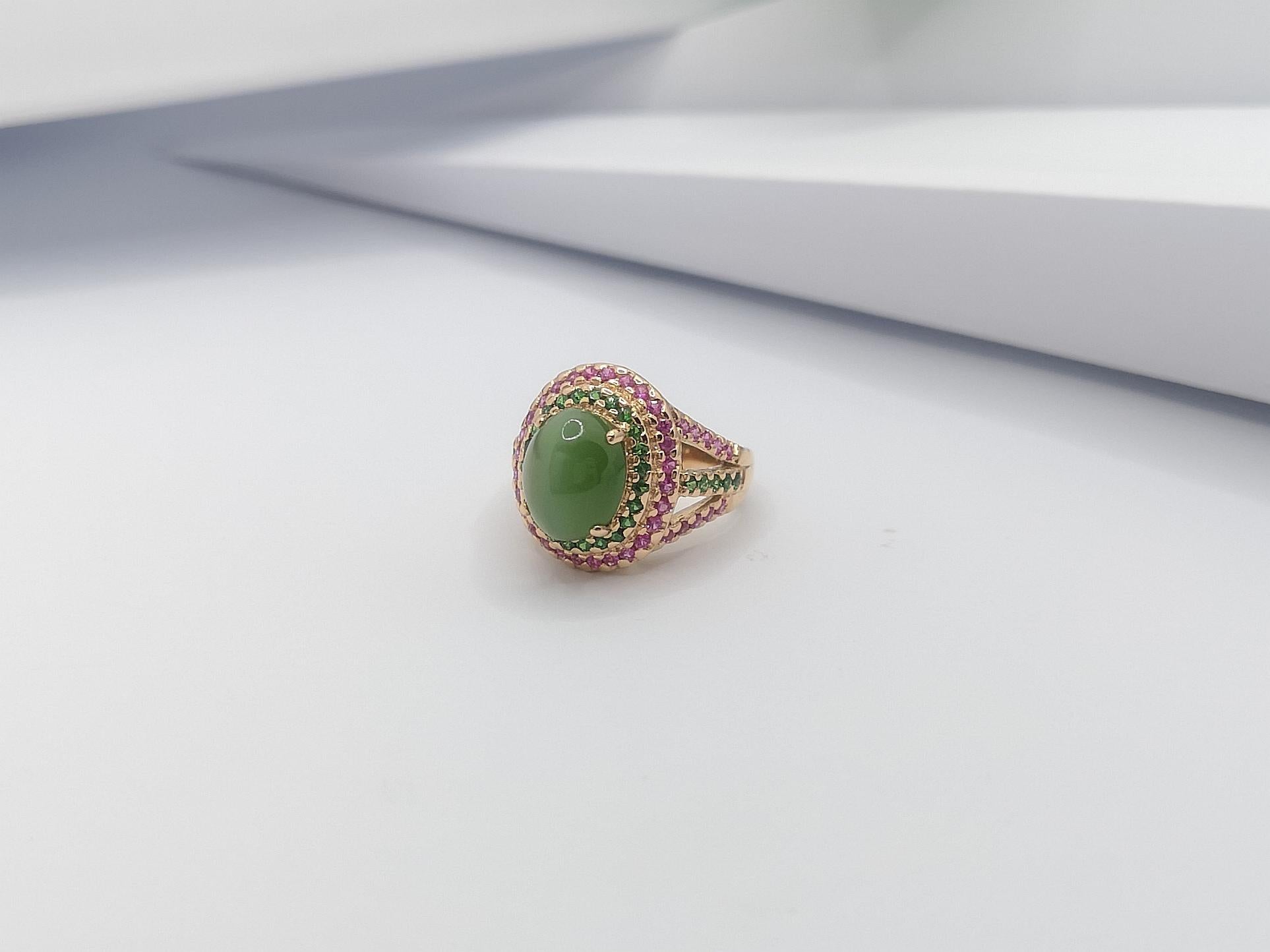 Actinolite Ring mit Katzenauge mit rosa Saphir und Tsavorit aus 18 Karat Roségold 5