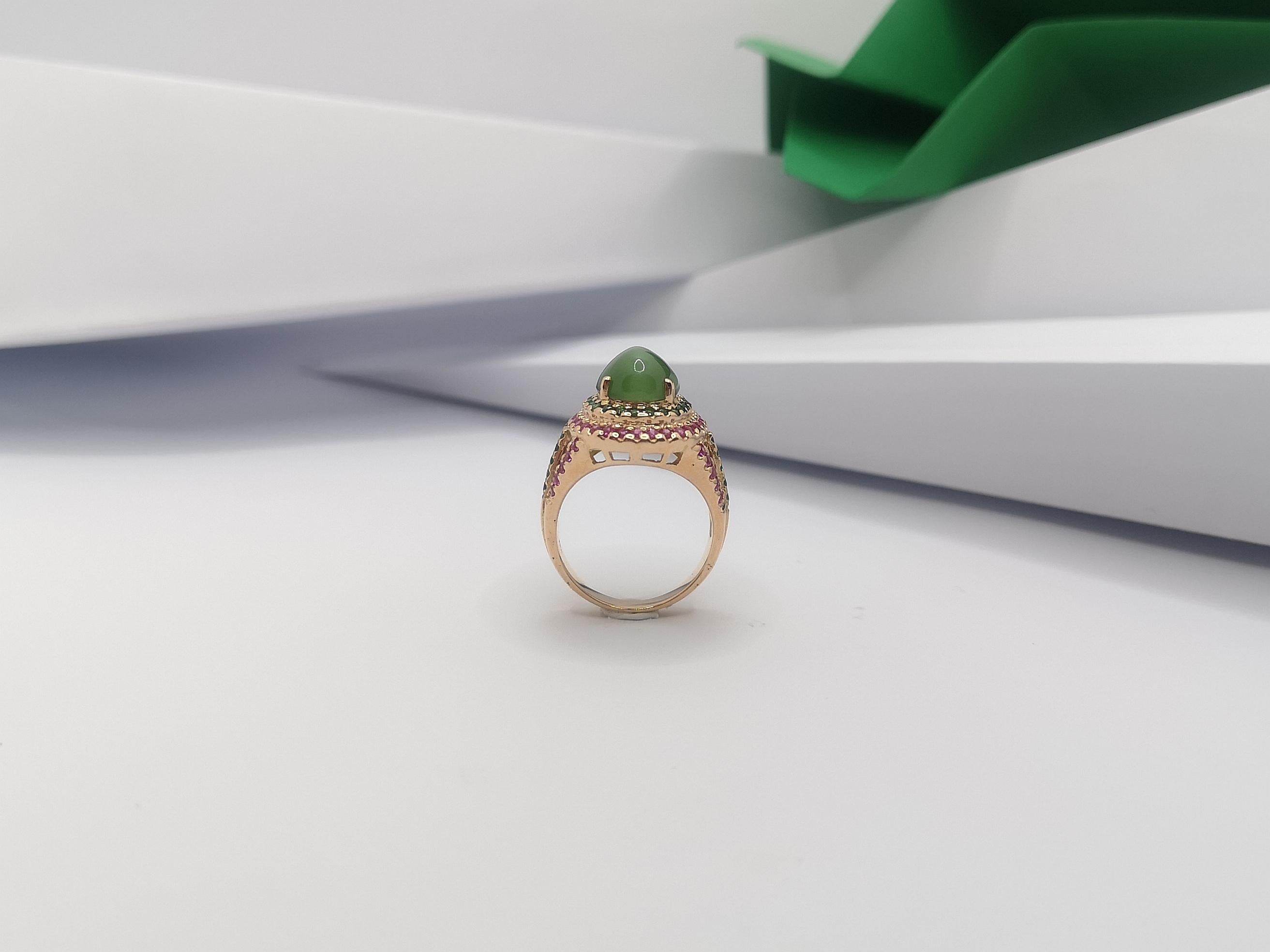 Actinolite Ring mit Katzenauge mit rosa Saphir und Tsavorit aus 18 Karat Roségold 6